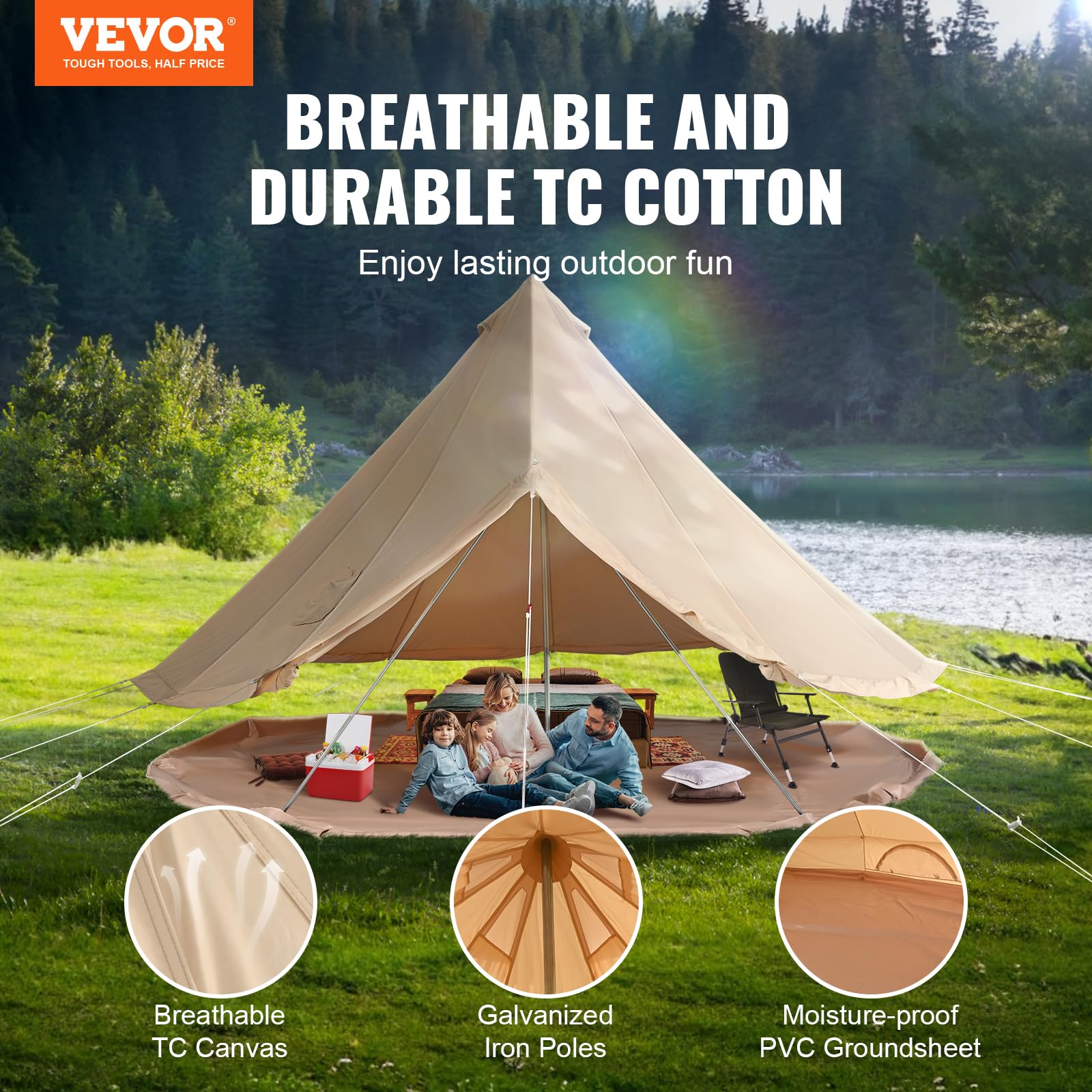 VEVOR Canvas Tent Bell Tent, 4 Seasons 4 m/13.12 ft, for Camping with Stove Jack, Family Camping Outdoor Hunting Party