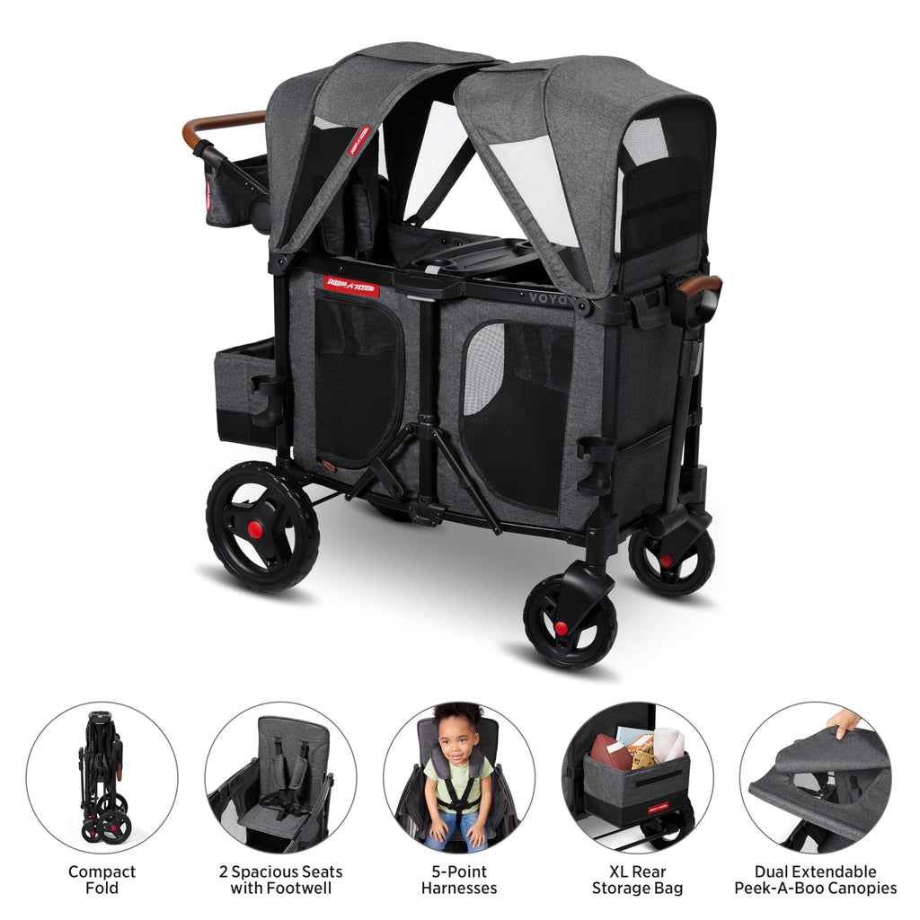 Radio Flyer Voya Stroller Wagon, for Ages 6+ Months, Extra Tall Sides, Push or Pull, 2 Seats, Dual Sun Canopies, Compact Fold, Lightweight, Storage Space, 5-Point Harnesses, Stroller Wagon for Kids