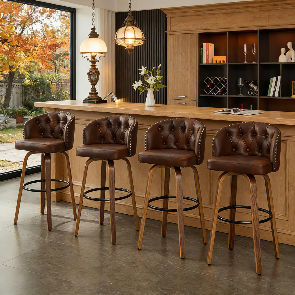 Dorlicecass 26" H Counter Height Bar Stools Set of 4，360°Swivel Bar Stools with Back,Seat Height Upholstered Counter Stools with Wood Legs and Footrest，Leather Farmhouse（Brown）