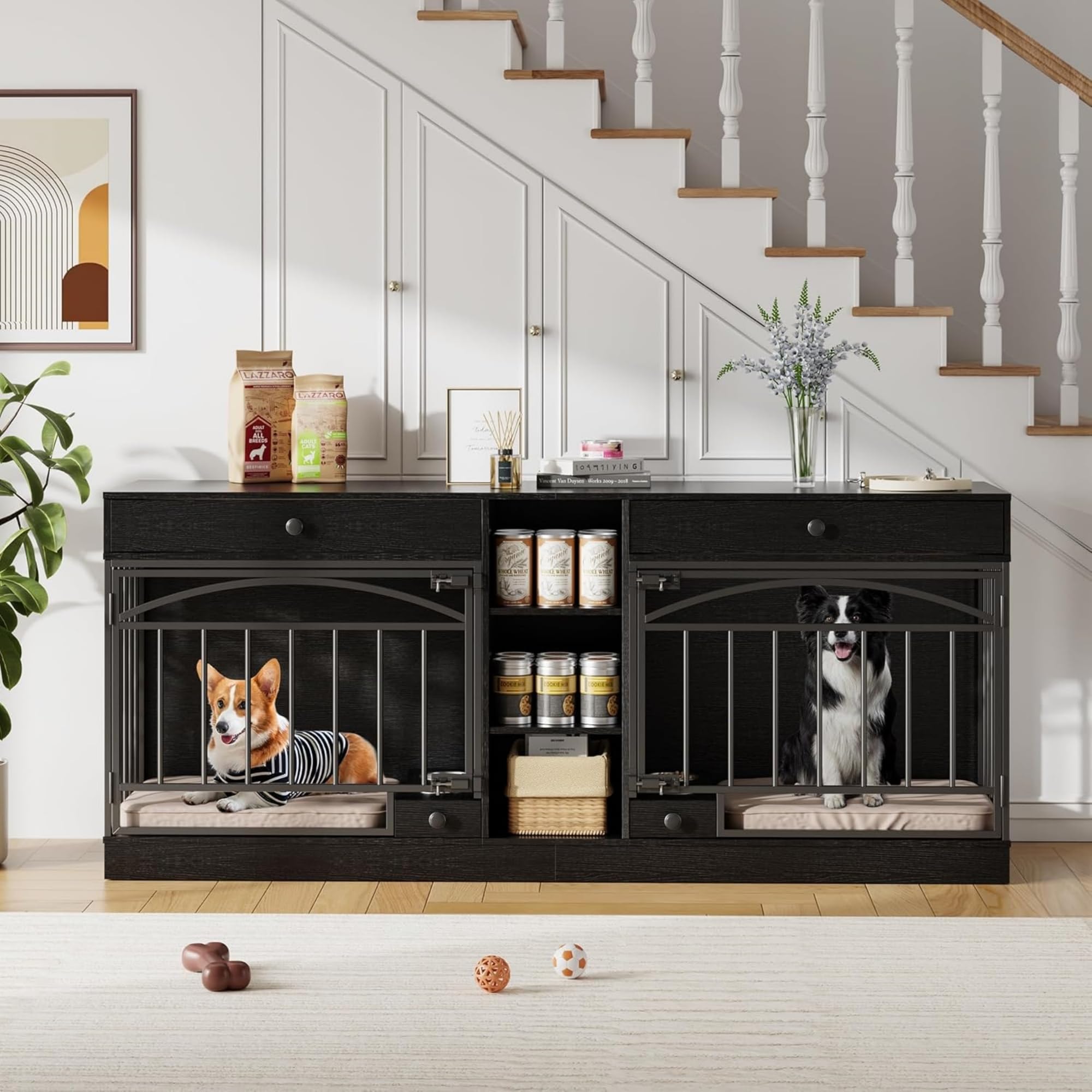 GAOMON Dog Crate Furniture for 2 Dogs, 78.7'' Large Dog Kennel Indoor with 2 Storage Drawers, 3 Shelves and Feeding Bowls, Double Dog Crate TV Stand for Small and Medium Dogs, Black