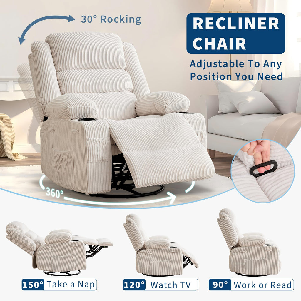 Rocking Recliner Chair for Adults Corduroy Wide Upholstered Glider Recliner with Cup Holder Deep Seat Single Sofa Rocker Chair for Nursery Living Room
