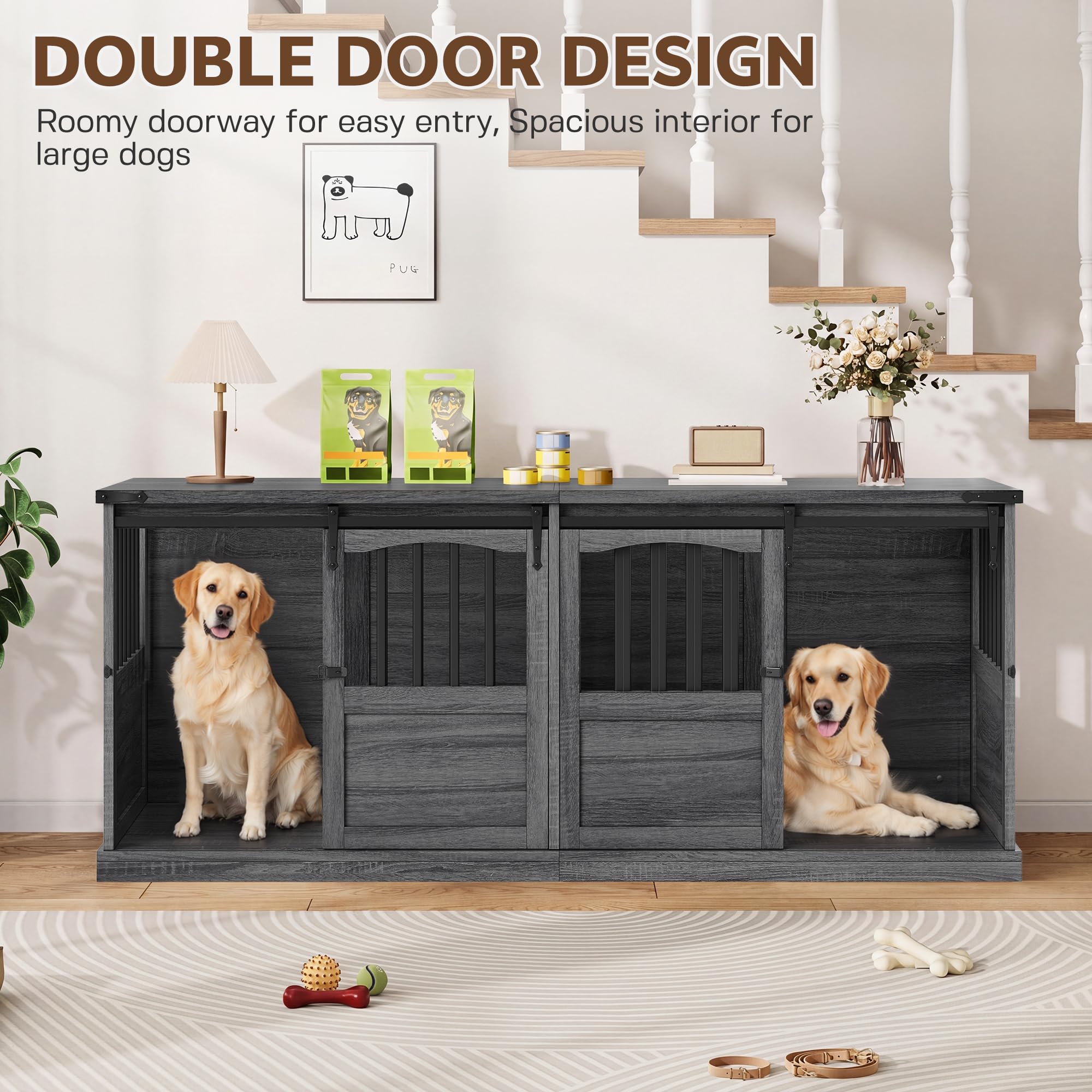 Homiflex 72" Double Dog Crate Furniture for 2 Medium Large Dogs Wooden Heavy Duty Dog Kennel Furniture with 2 Sliding Doors and Divider Decorative Dog Cage TV Stand End Table for Indoor, Grey