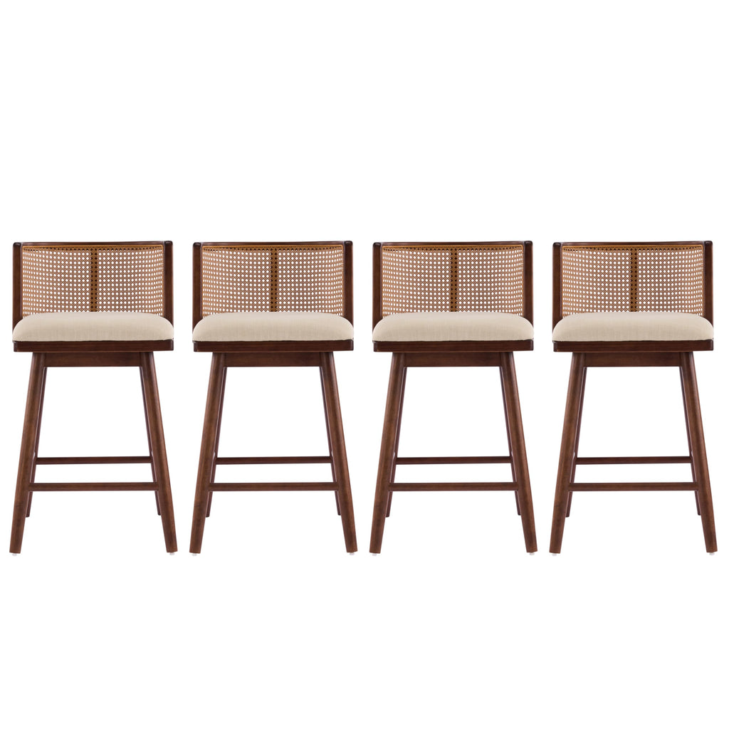 Christopher Knight Home Lious Counter Height Bar Stools Set of 4, Fabric Upholstered Bar Stool for Kitchen Island, Rubberwood Counter Stools with Woven Rattan Backrest, Beige + Dark Walnut