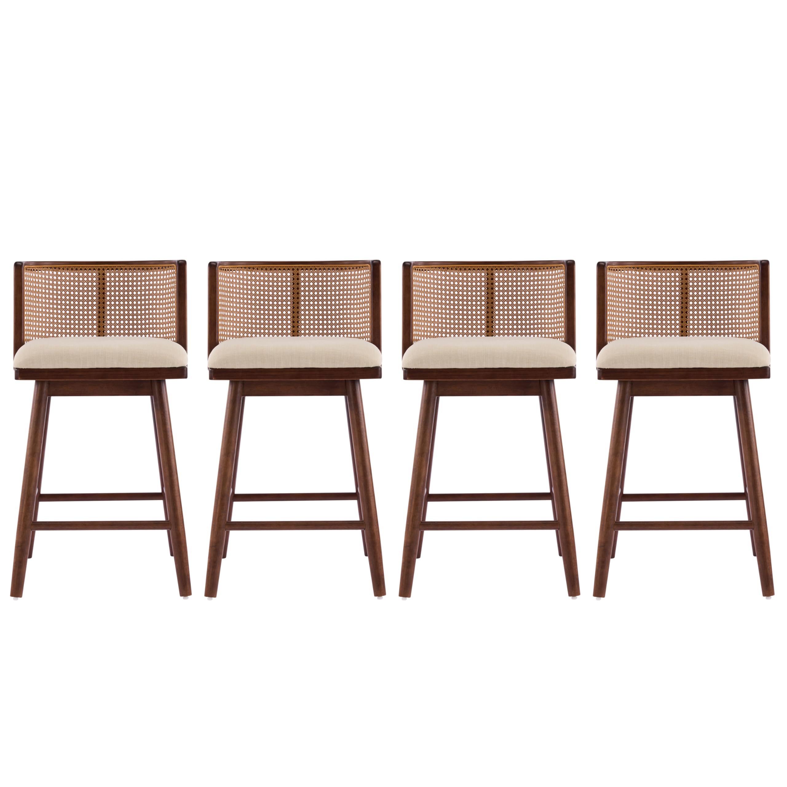 Christopher Knight Home Lious Counter Height Bar Stools Set of 4, Fabric Upholstered Bar Stool for Kitchen Island, Rubberwood Counter Stools with Woven Rattan Backrest, Beige + Dark Walnut