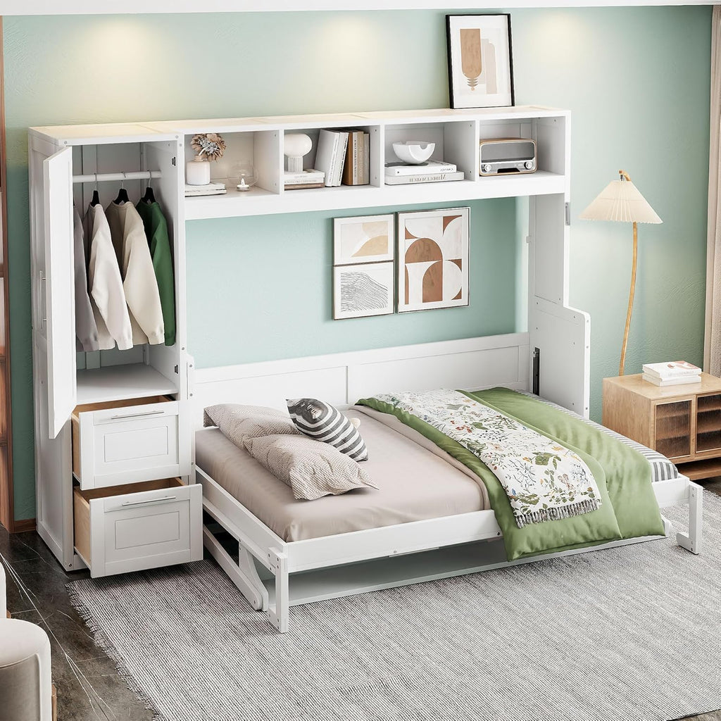 Ball & Cast Murphy Bed Queen Size Wall Beds with Closet and Storage Drawers,Wood Hideaway Platform Bedframe w/Lock,can be Folded,Easy Assembly,for Kids Bedroom,Student Dorms,White