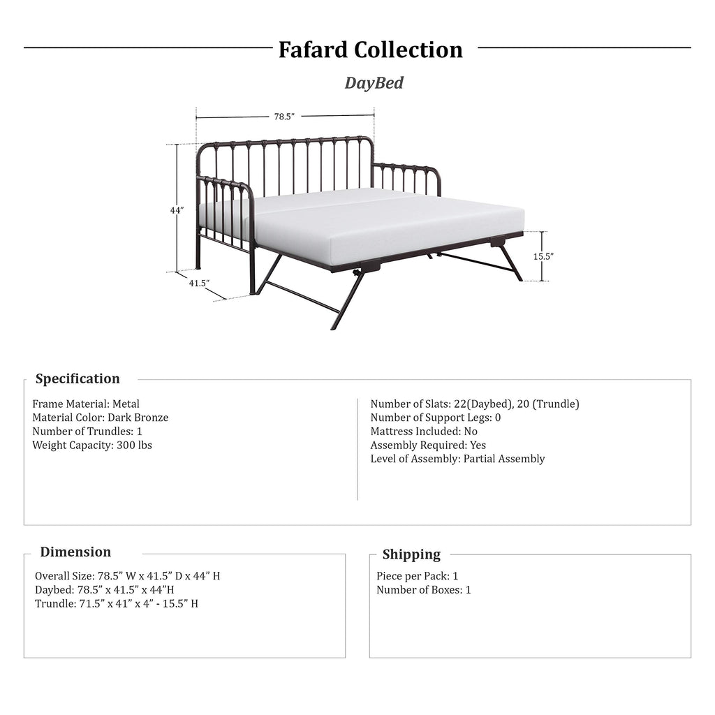Lexicon Metal Daybed with Trundle Mattress Foundation with Steel Slat Support, Easy Assembly, Twin Size, Multi-Functional Furniture, Dark Bronze