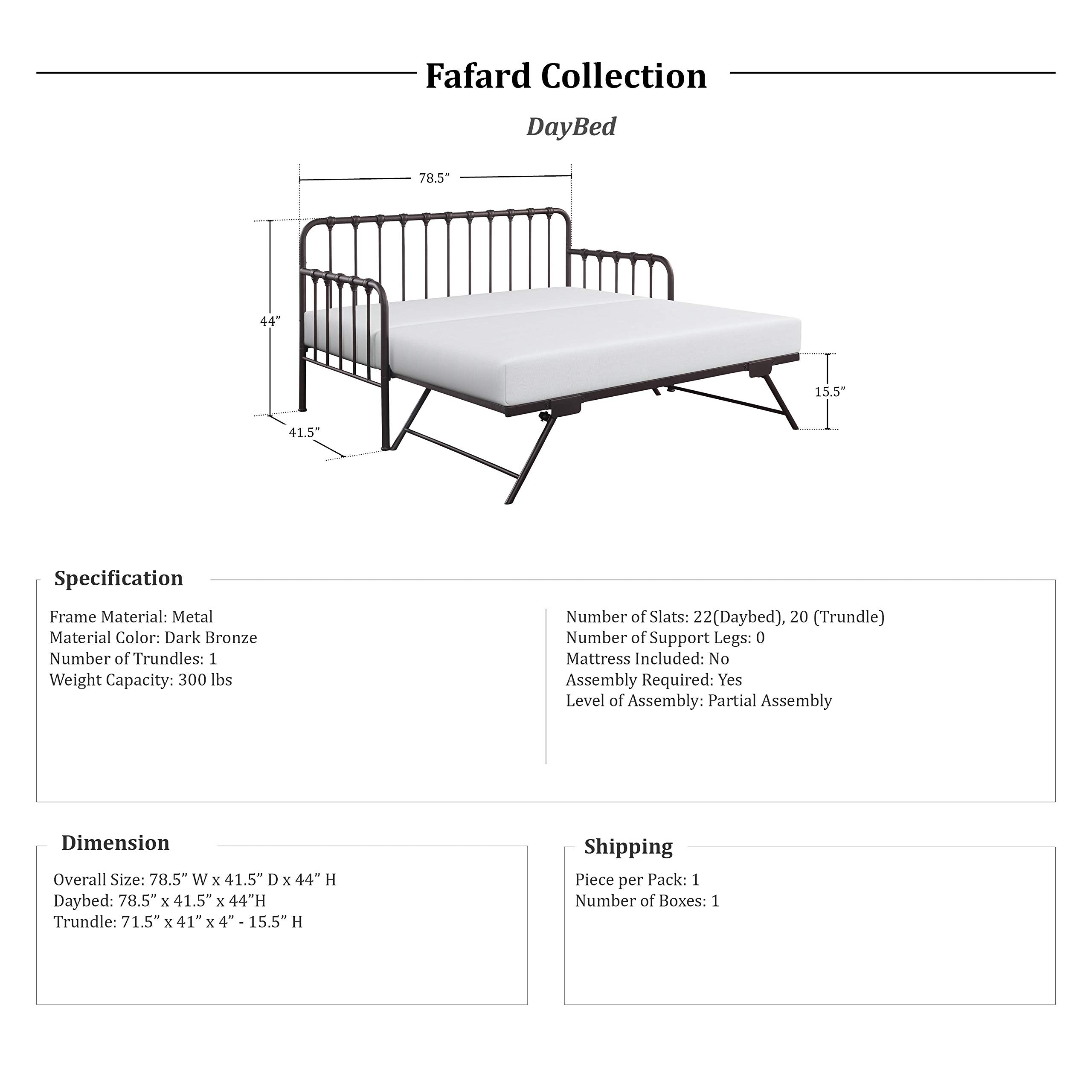 Lexicon Metal Daybed with Trundle Mattress Foundation with Steel Slat Support, Easy Assembly, Twin Size, Multi-Functional Furniture, Dark Bronze