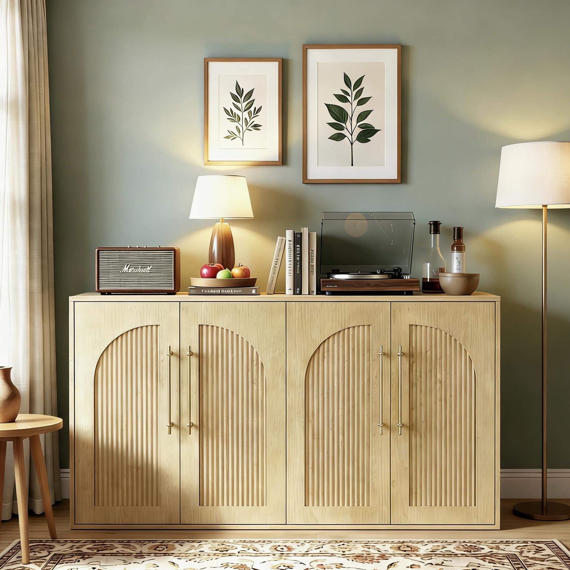 Seang Buffet Cabinet with Storage,55" Modern Arched Sideboard Cabinet with 4 Fluted Doors,Metal Handle and Adjustable Shelf,Wooden Console Table Credenza for Living Room,Entryway,Natural