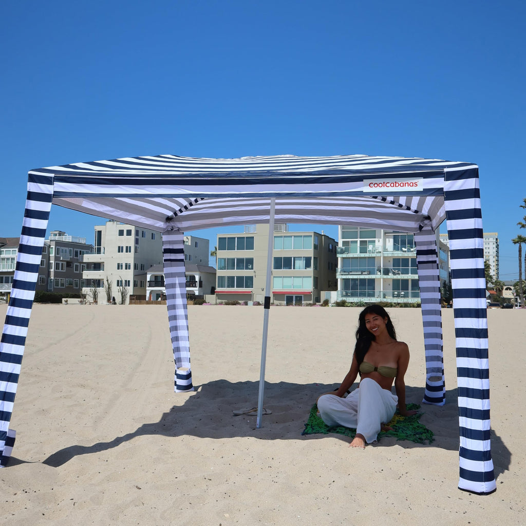 CoolCabana Beach Shade Tent - Easy Setup, UPF 50+ Protection, Large & Medium Sizes, Compact & Wind Resistant - Beach Cabana for The Whole Family - Navy Stripes, Large