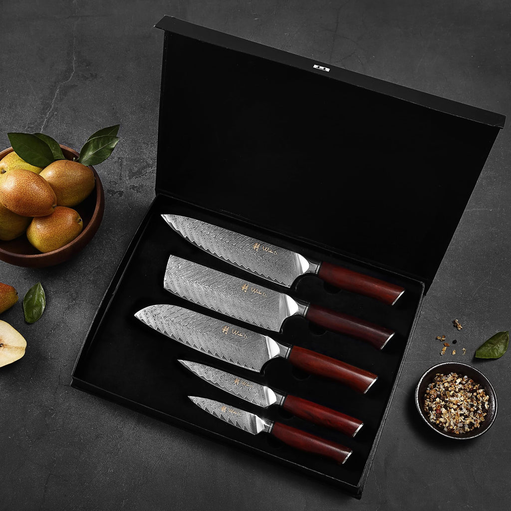 Wakoli Rose Elegance Knife Block Set – 5-Piece Professional Damascus Kitchen Knife Set with Magnetic Block – 67-Layer Damascus Steel with VG10 Core, Ergonomic Rosewood Handles in Gift Box