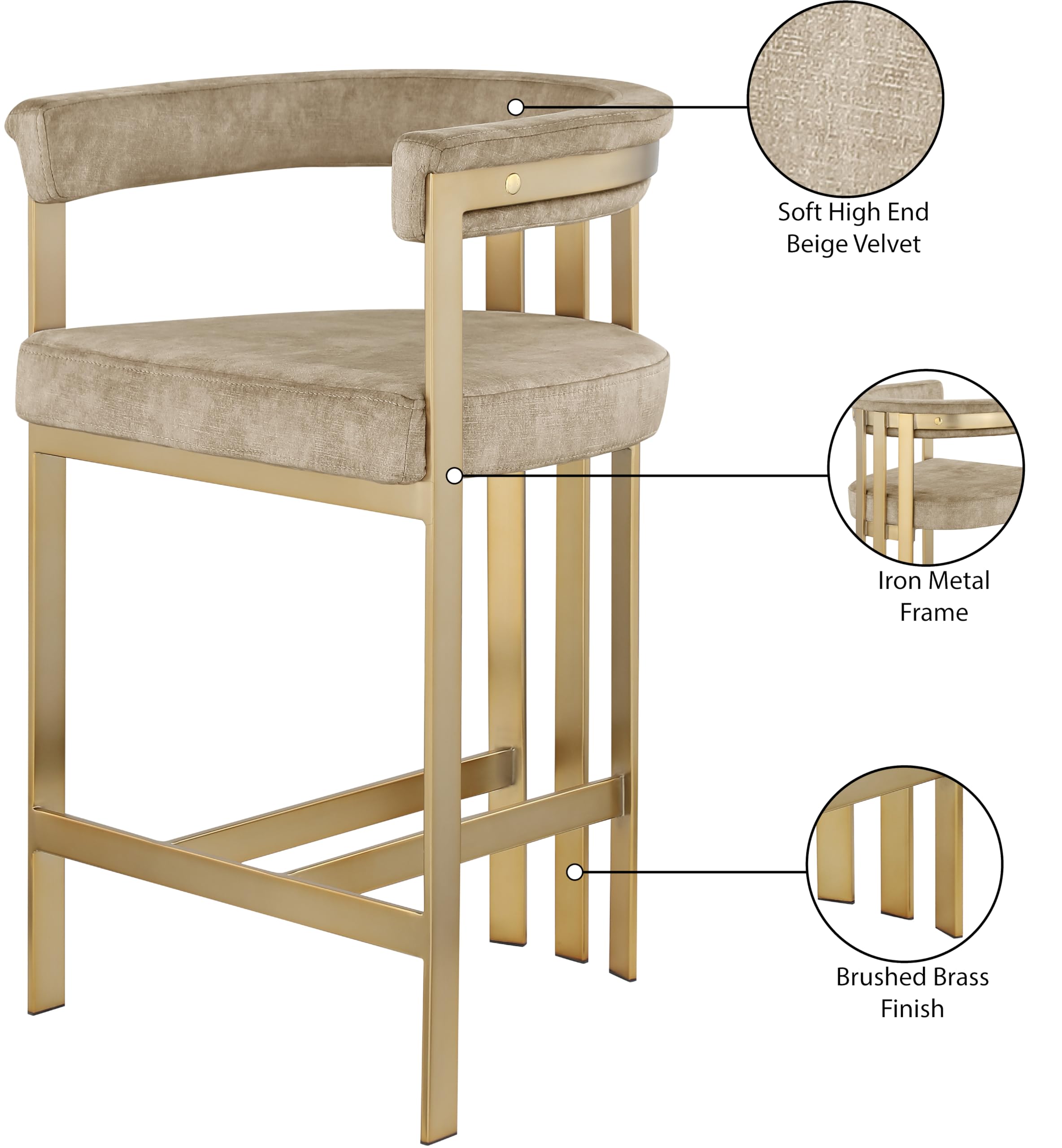 Meridian Furniture 596Beige-C Marcello Collection Modern | Contemporary Velvet Upholstered Counter Height Stool with Brushed Brass Iron Frame, 22.5" W x 20" D x 35.5" H, Beige, Set of 2