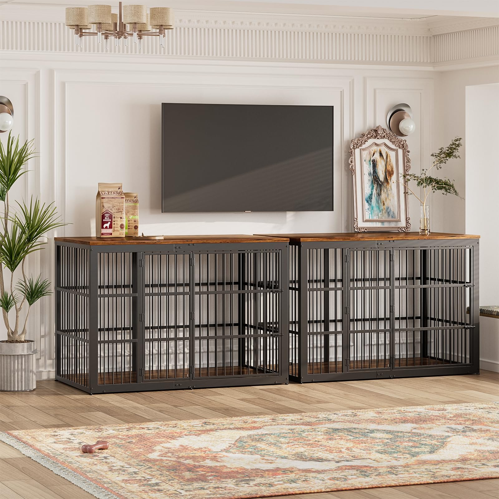 Lyromix 54" Dog Crate Furniture with Foldable Door, XXL Dog Crates for Large Dogs, Wooden Decorative Dog Cage Kennel Indoor End Table, Rustic Brown