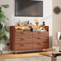 Garvee 53.9" Wide Luxury 6 Drawers Dresser with LED Lights & Charging Station, Curved Fluted Wood Chest of Drawers with Gold Handles, Modern Storage Cabinet for Bedroom Living Room, Walnut