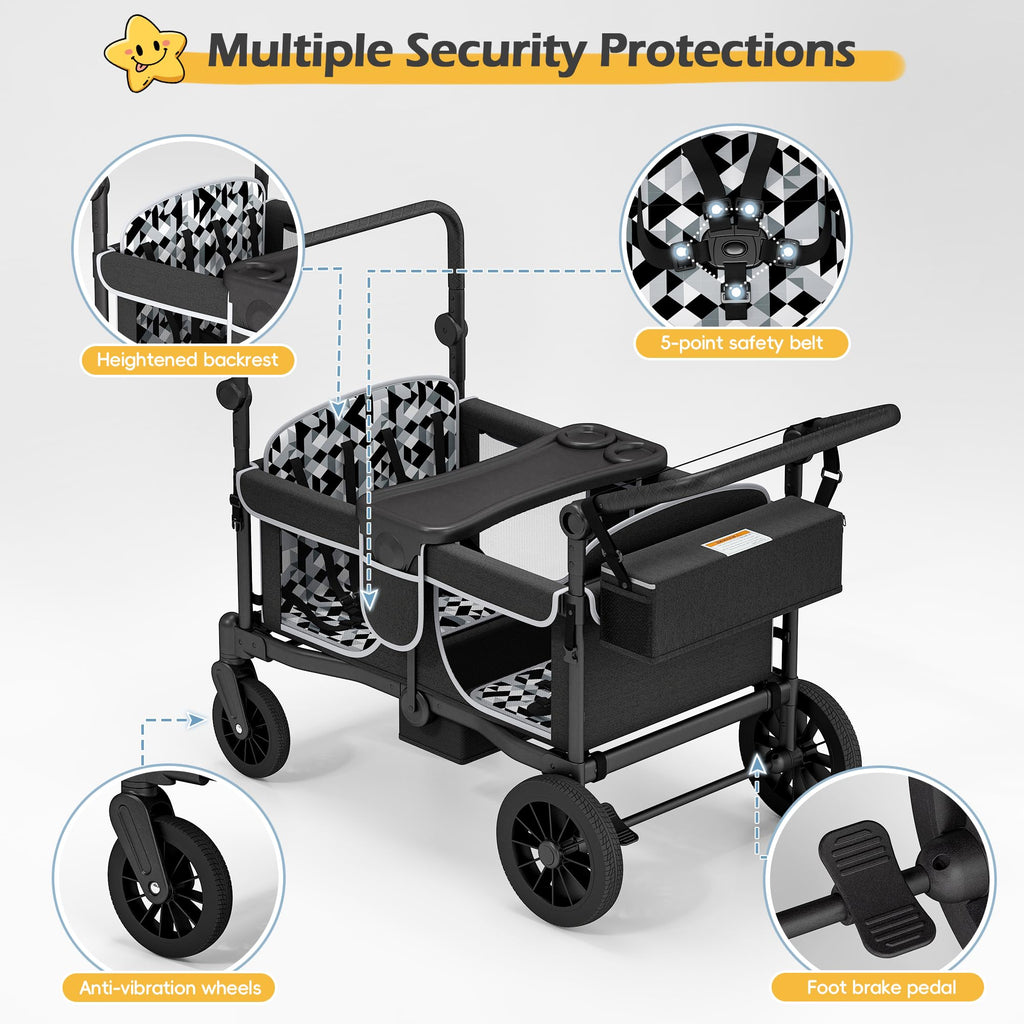 TOLEAD Wagon Stroller for 4 Kids, Foldable 4 Seats Outdoor Stroller Wagon with Canopy, Adjustable Handlebars, 5-Point Safety Harness, Detachable Tray, Portable Bag (Black)