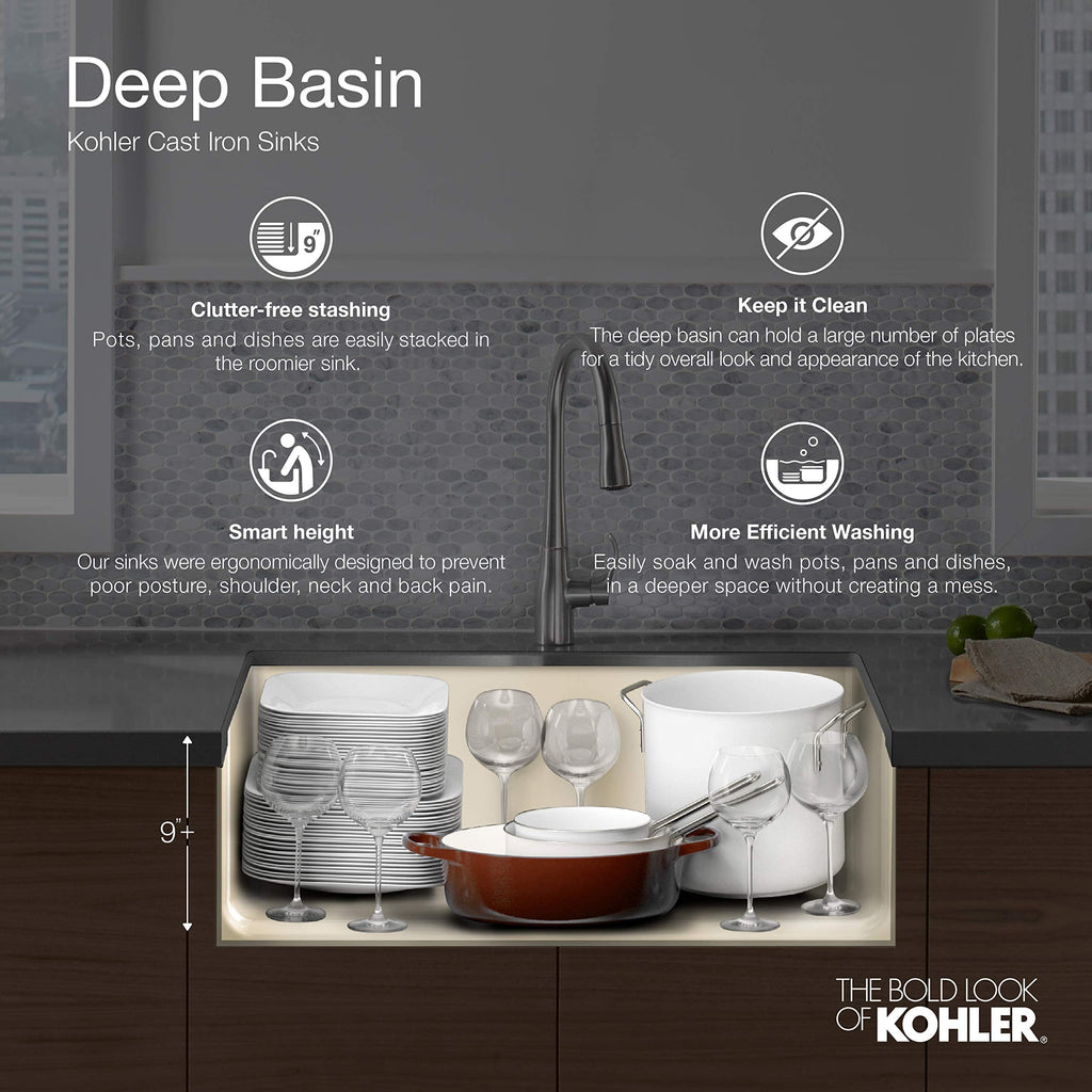 KOHLER Whitehaven® 35-3/4" Farmhouse Undermount Kitchen Sink, Single-Bowl Kitchen Sinks, Self-Trimming Tall Apron Front, K-6489-0, White