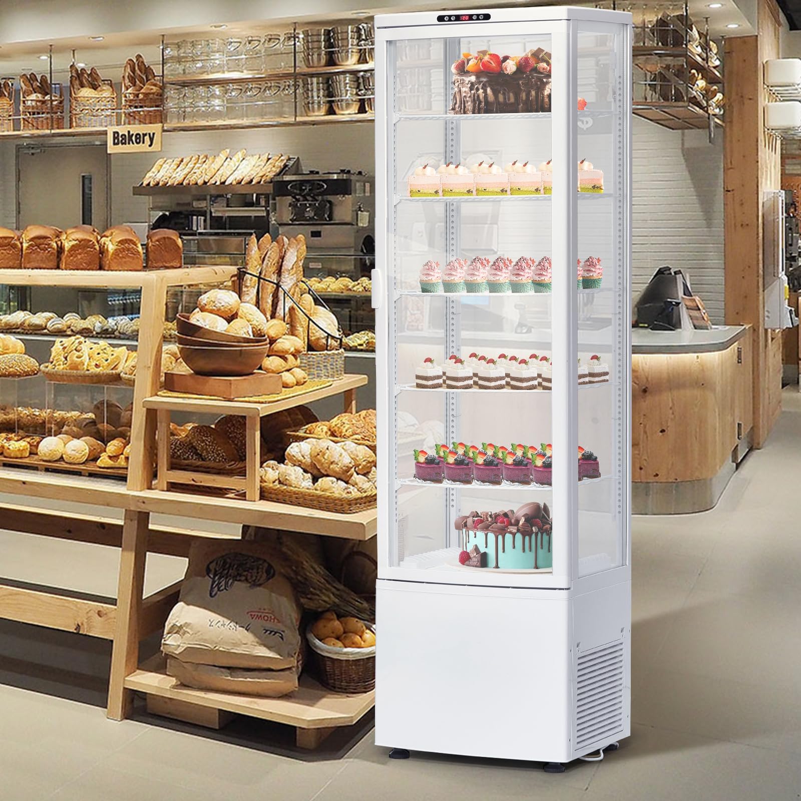 IDEALHOUSE Countertop Refrigerator, 10.9 Cu.Ft. Pastry Display Case for Bakery with LED, Frost-Free, Sliding Door, Commercial Fridge Display Case for Cafe and Restaurant, 5-Tier Design, White