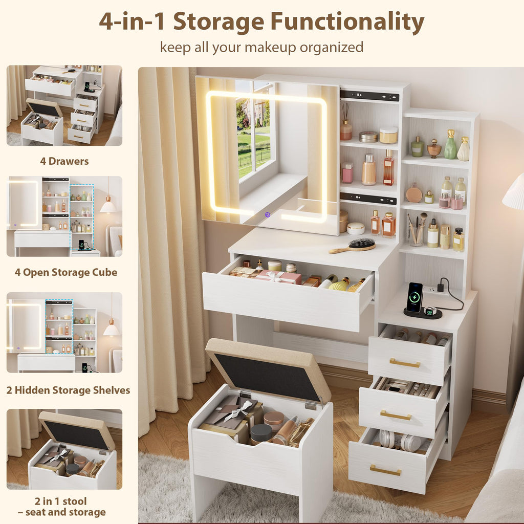 IDEALHOUSE Vanity Desk with Mirror and Lights, Vanity Table and Chair Set with 4 Drawers and Charging Station, Dresser LED Sliding Mirror with 3 Color Modes Adjustable Storage Shelves, White