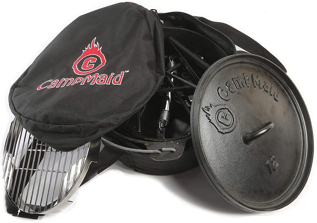 CampMaid Outdoor Cooking Set - Dutch Oven and Tools Set - Charcoal Holder & Cast Iron Grill Accessories - Camping Grill Set - Outdoor Cooking Essentials - Camp Kitchen Equipment - (6 Piece Set)