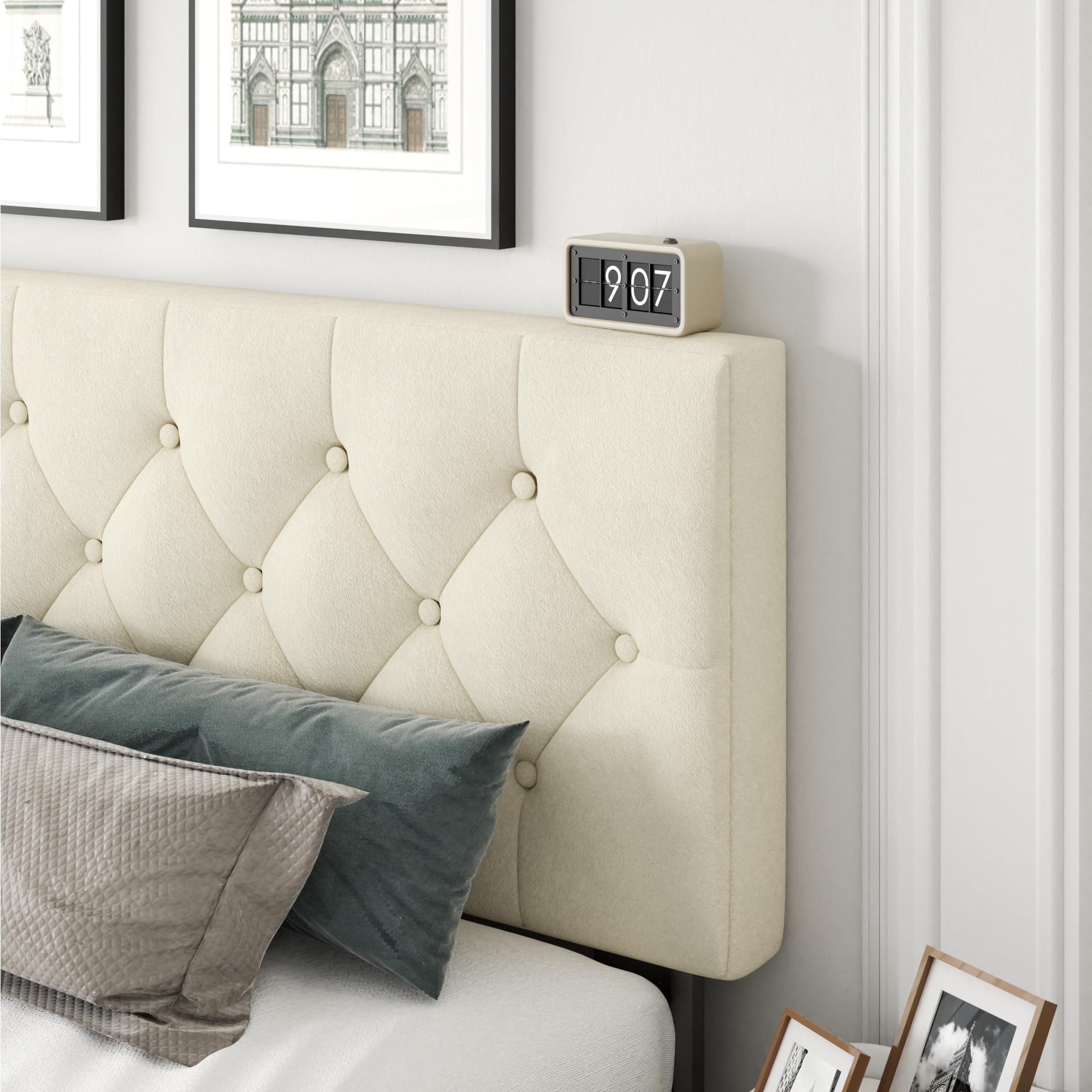CXVX King Size Bed Frame with Upholstered Headboard, Button Tufted Design, Strong Wooden Slats, No Box Spring Needed, Easy Assembly, Noise Free