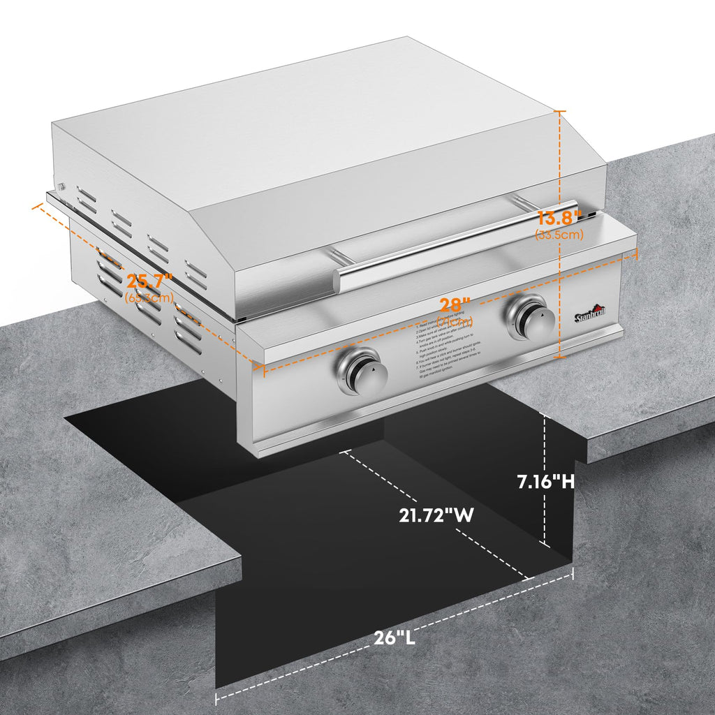 Stanbroil 28-Inch Premium Built-In Liquid Propane Griddle for Outdoor Kitchen Grill, Durable Stainless Steel 2-Burner Flat Top Grill with Lid for BBQ Island, 34,000 BTUs