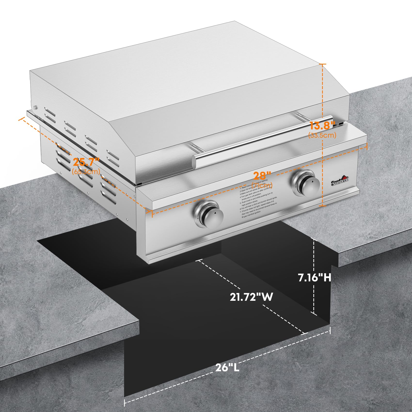 Stanbroil 28-Inch Premium Built-In Liquid Propane Griddle for Outdoor Kitchen Grill, Durable Stainless Steel 2-Burner Flat Top Grill with Lid for BBQ Island, 34,000 BTUs