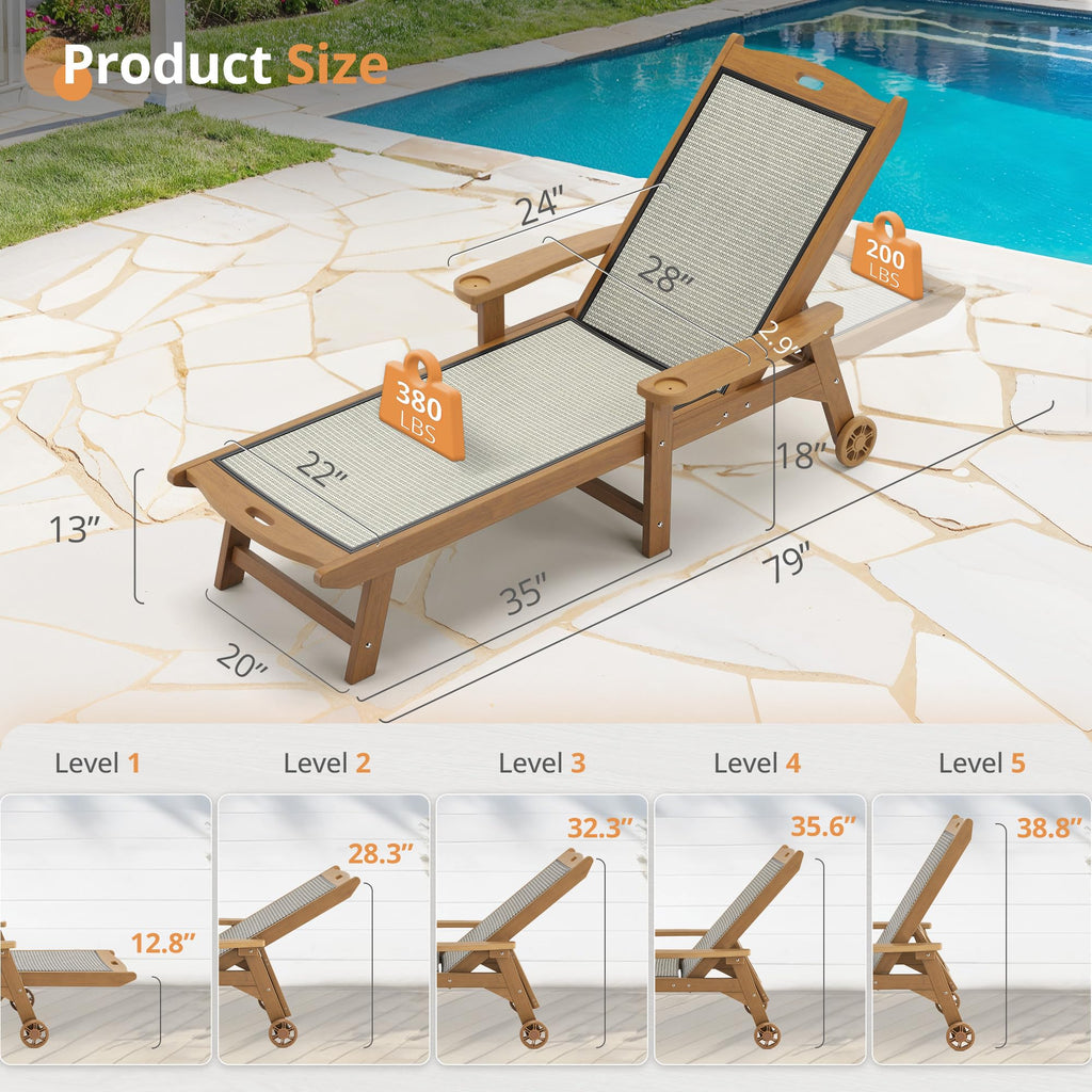 LUE BONA Chaise Lounge Chair Outdoor, HDPS and HDPE Wicker Material, Patio Lounge Chair with Adjustable Backrest, Resin Pool Lounge Chairs with Wheels for Backyard, Poolside and Deck,Teak