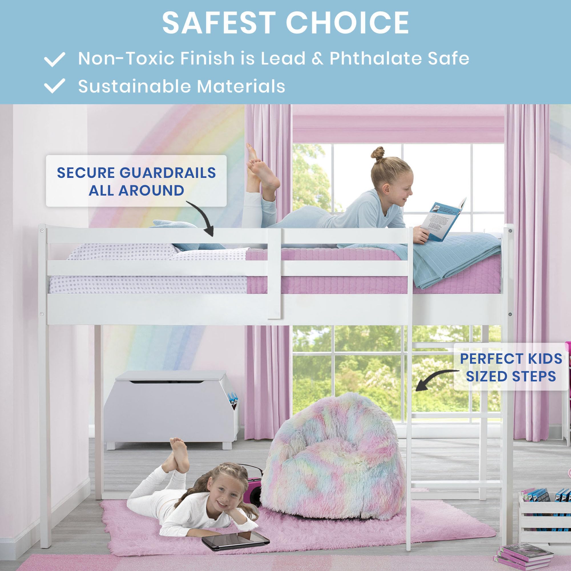 Delta Children Twin Loft Bed with Guardrail and Ladder (Coordinates with Loft Bed Tents Sold Separately), White