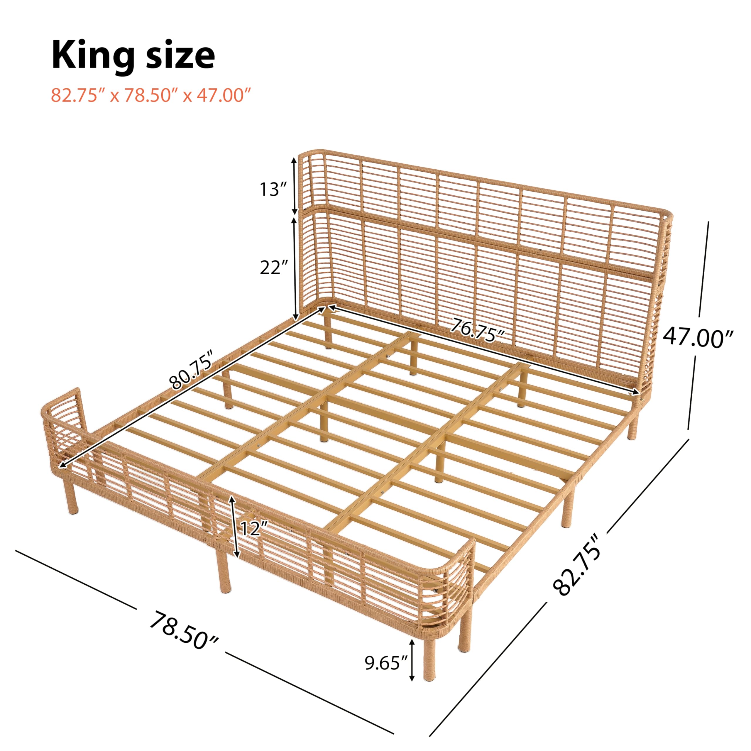 Christopher Knight Home Lamar Boho Rattan King Bed Frame and Headboard, Farmhouse PE Wicker King Size Bed Frame, Metal King Platform Bed Frame, No Box Spring Needed, Easy Assembly, Natural Finish
