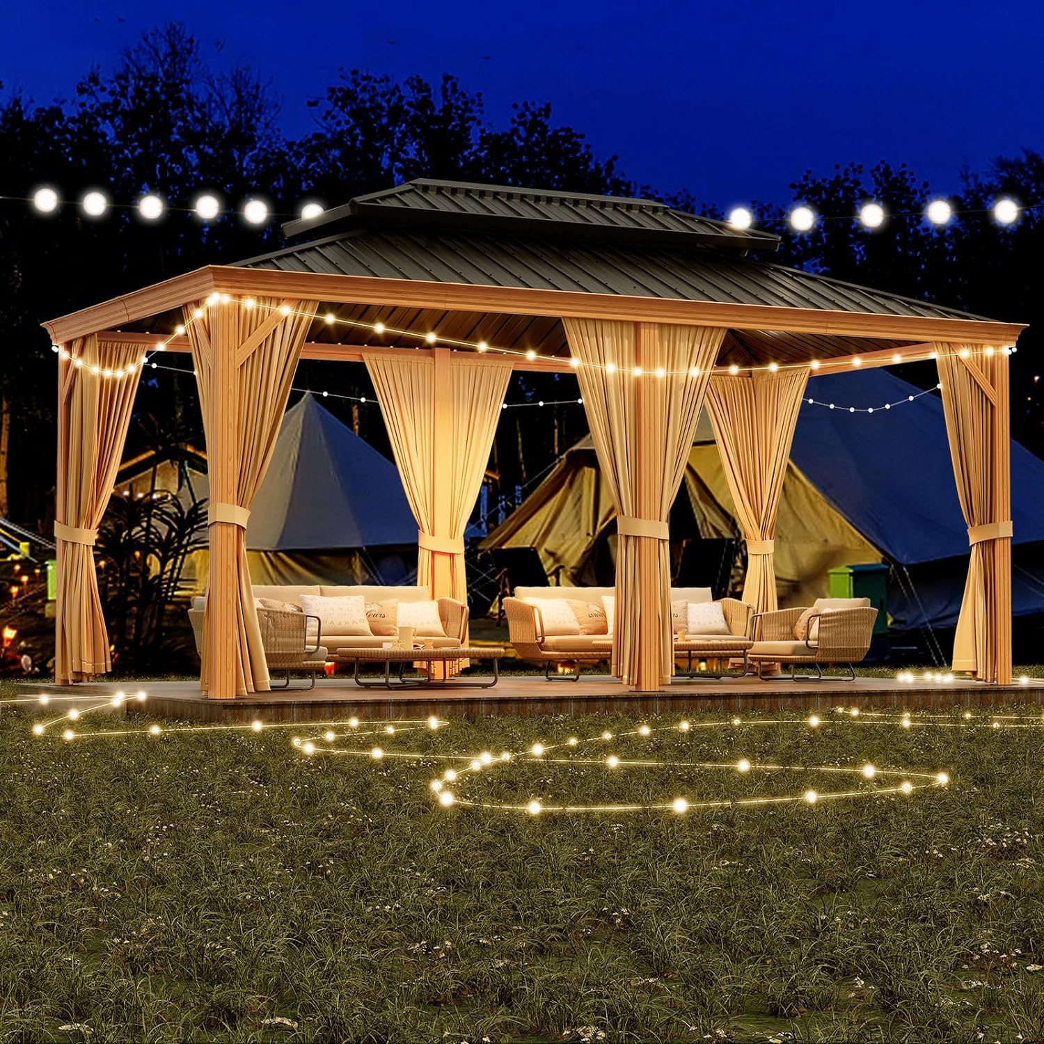 GAOMON Heavy Duty Aluminum Hardtop Gazebo with Double Metal Roof – Mosquito Netting & Privacy Curtains – Durable Outdoor Pavilion for Patio, Garden, Deck, Backyard, Lawn – Black Spray, Gray Cloth,