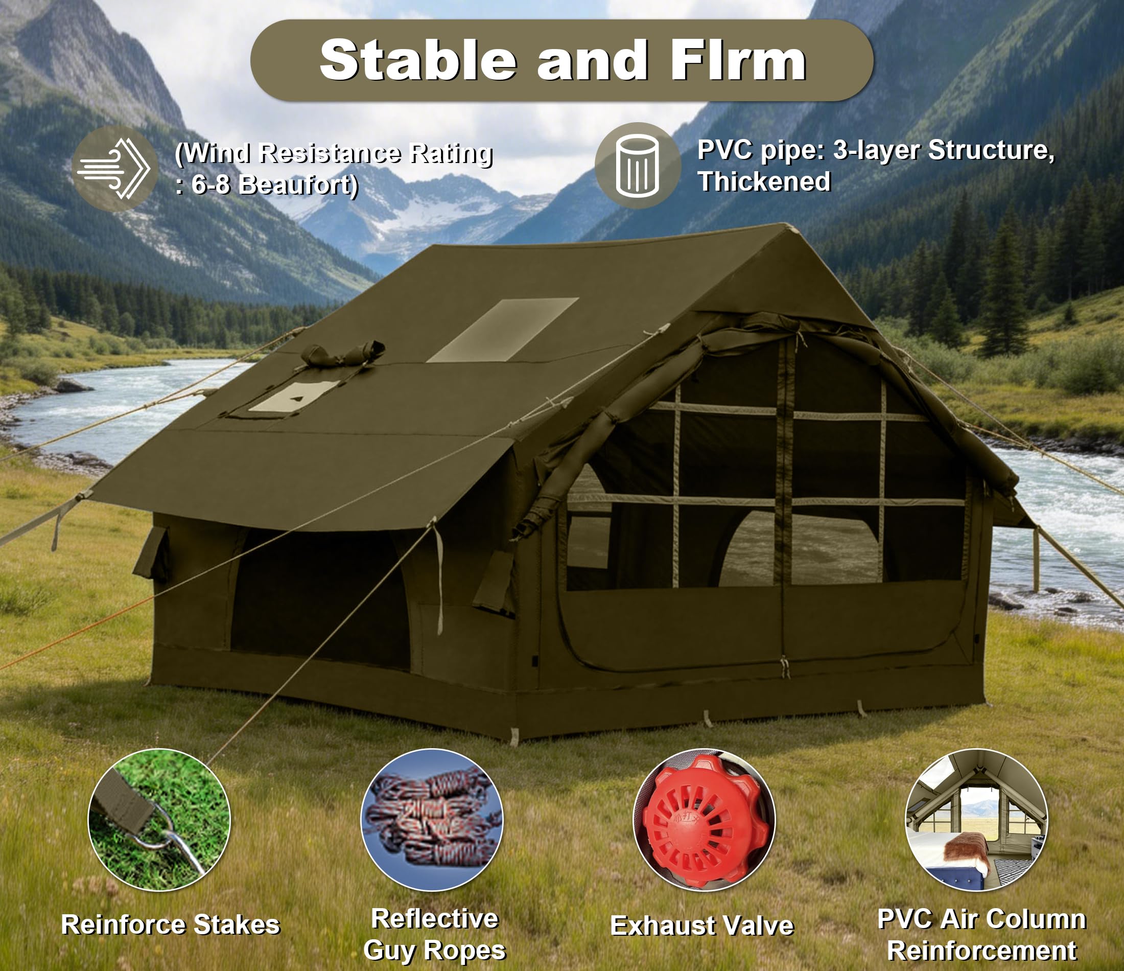 Inflatable Tents for Camping with Stove Jack,4-6 Person Easy Setup Blow Up Tents for 4 Seasons Waterproof Inflatable Camping Tent with Clear Skylight, Air House Glamping Tents for Adult
