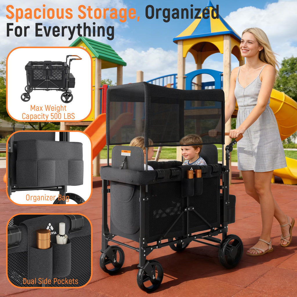 VELUVIA Wagon Stroller Outdoor for 2 Kids - Double Toddlers Stroller with Canopy & Removable Seat Pads, 2 Seater Push Pull Wagon One-Hand Fold, Shock-Absorbent Wheels & Safety Harness, Black