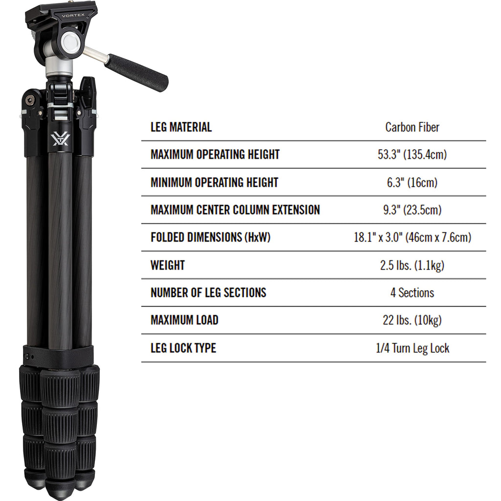 Vortex Optics Summit Carbon II Tripod Kit - Light Weight Design, Carbon Fiber Tripod, 2-Way Pan Head, 22 lb Max Load, Rubber Feet - Unlimited, Unconditional Warranty