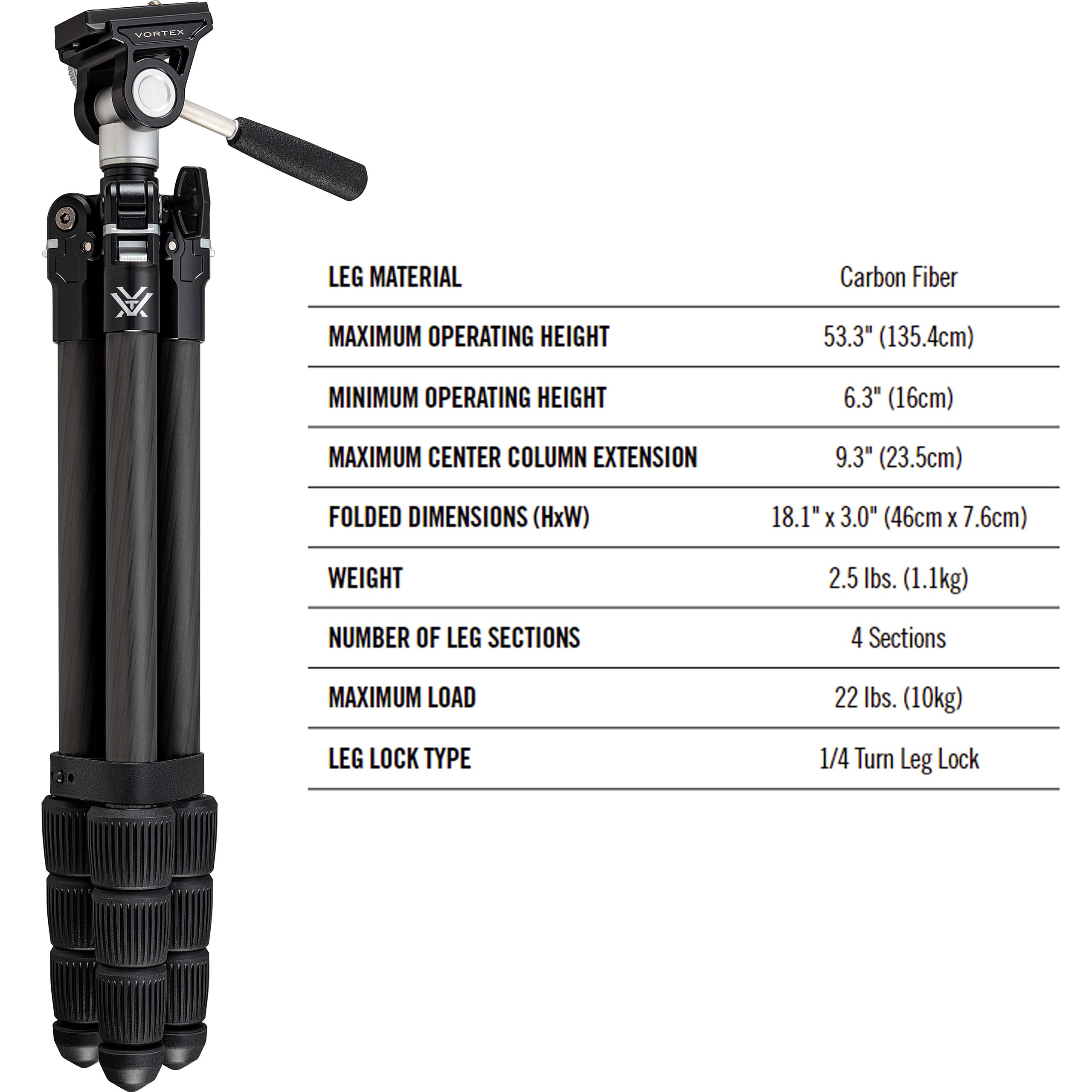 Vortex Optics Summit Carbon II Tripod Kit - Light Weight Design, Carbon Fiber Tripod, 2-Way Pan Head, 22 lb Max Load, Rubber Feet - Unlimited, Unconditional Warranty