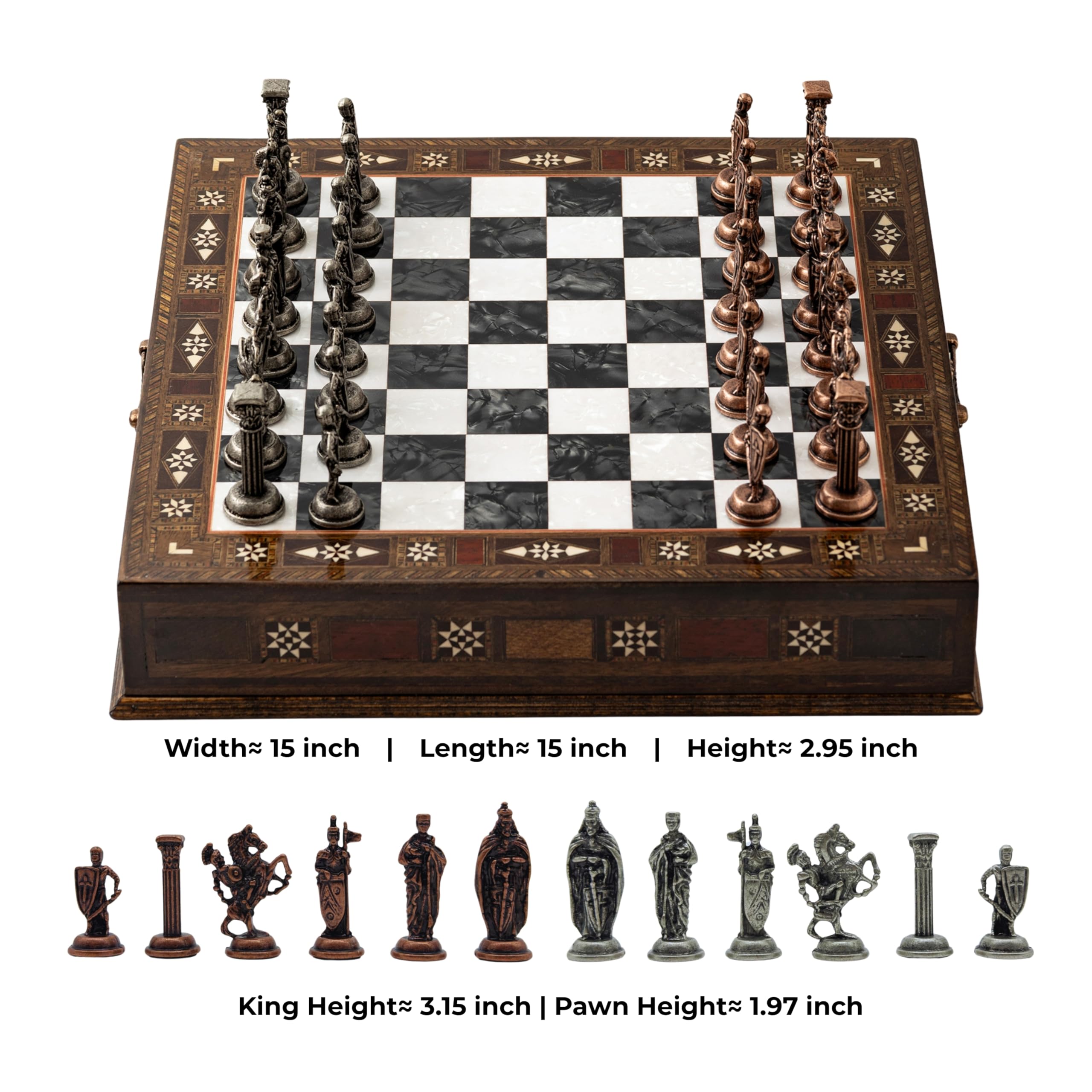 15’’ Handmade Wooden Chess Set with British Army Metal Pieces – Luxury Storage Board – Gift for Adults, Fathers & Collectors, Gift for Him (Black)