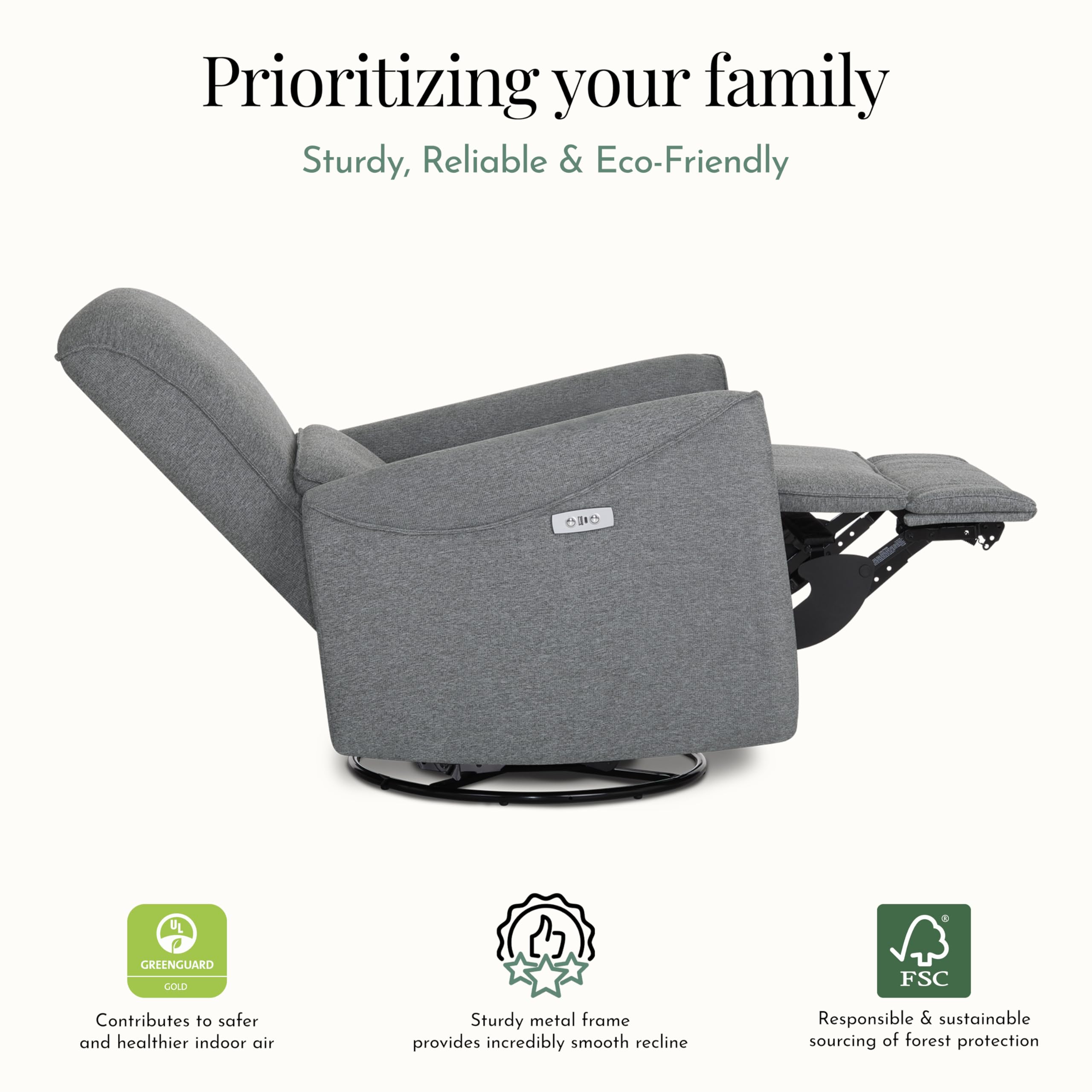 Evolur Belmont Nursery Glider Chair with Massager in Cosmic Grey, Power Recliner with 275° Swivel, Lumbar Support Modern Rocking Chair for Baby Room, Nursery & Living Room