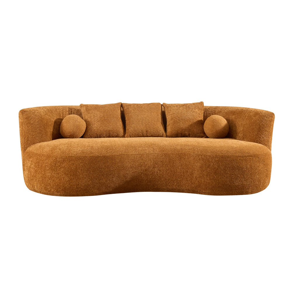 Christopher Knight Home Nomad Curved Sofa, 90" Boucle Upholstered 3 Seater Couch with Decor Cushions, Modern Cloud Couch with Deep Seat, Fabric Upholstered Seating Set for Living Room Bedroom, Camel