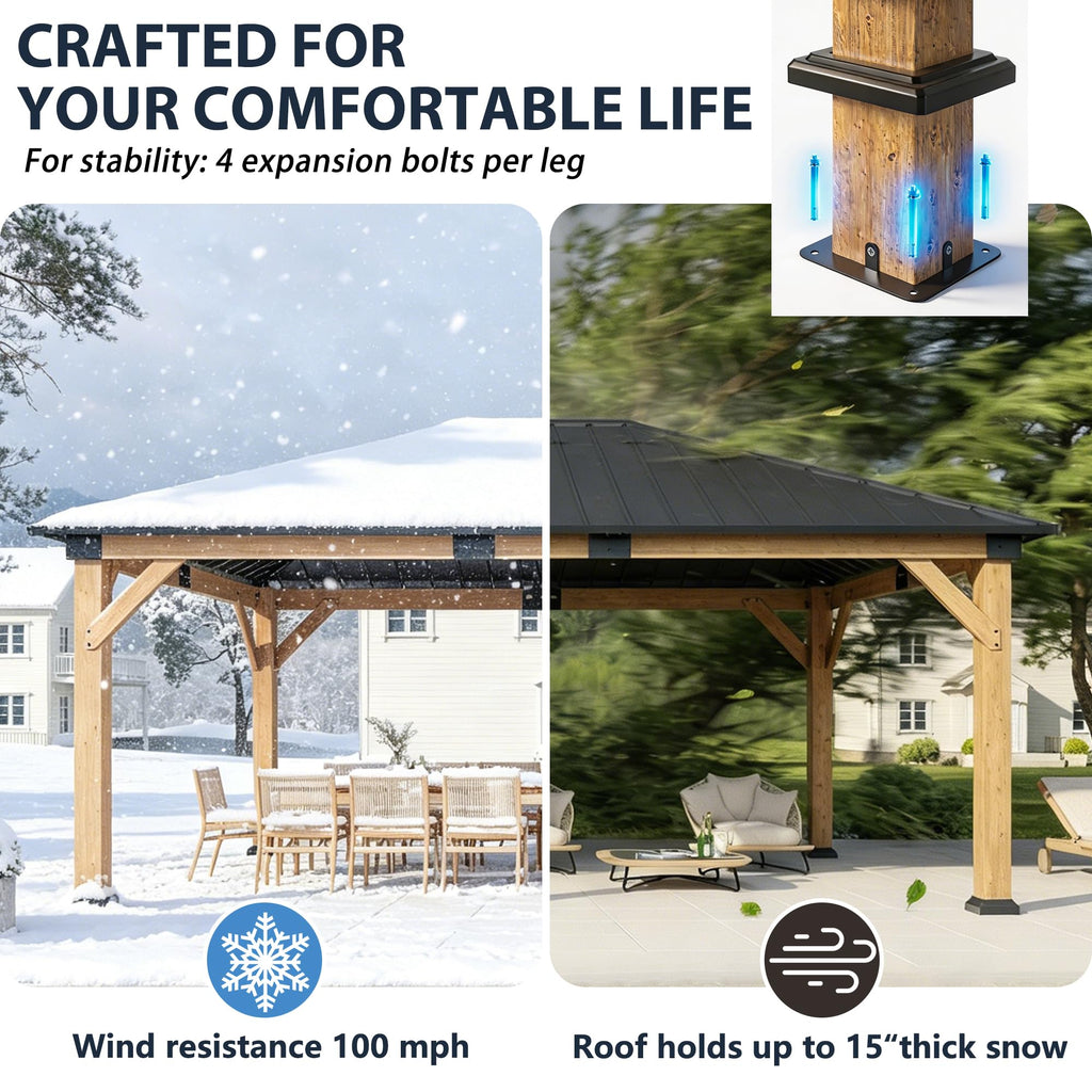 GOHONEI 12x20 ft Wood Gazebo, Hardtop Gazebo with Galvanized Steel Double Roof, Heavy Duty Pavilion for Patio Lawn and Garden