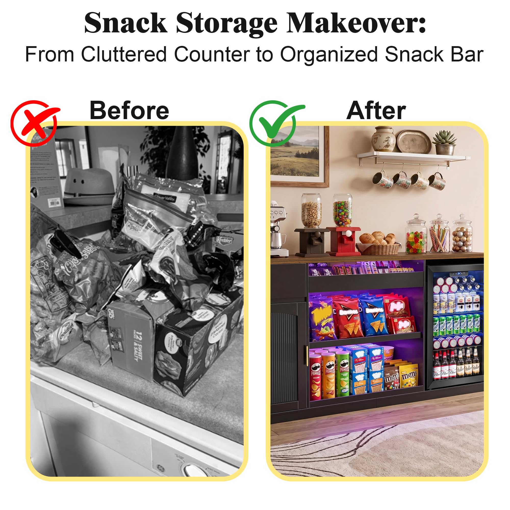 GDLF Snack Bar Cabinet with Fridge Space, 70.1" Snack Organizer with Storage and Candy Display Shelf, Coffee Station for Home Theater or Game Room with LED Lights, Black