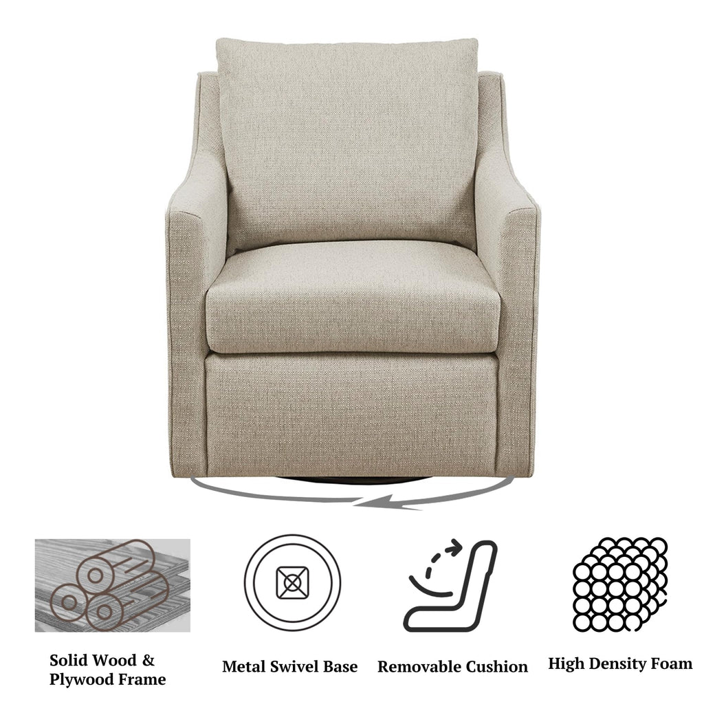 Martha Stewart Amber Swivel Chair for Living Room Barrel Style Bedroom Lounge Removable Foam Seat Cushion Upholstered, Nursery Furniture, Metal Base, Fully Assembled, 30.5" D x 30" W x 35" H, Natural