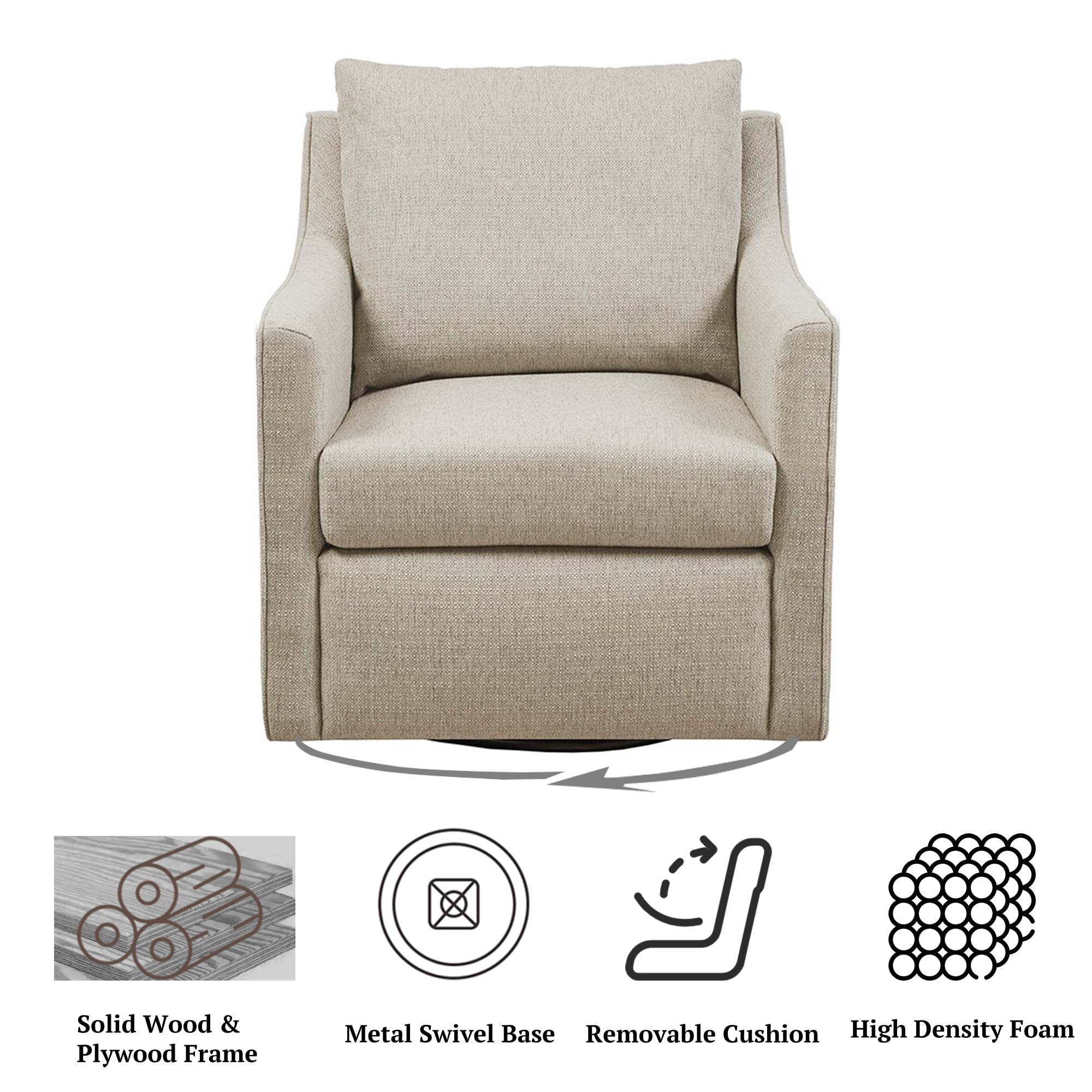 Martha Stewart Amber Swivel Chair for Living Room Barrel Style Bedroom Lounge Removable Foam Seat Cushion Upholstered, Nursery Furniture, Metal Base, Fully Assembled, 30.5" D x 30" W x 35" H, Natural