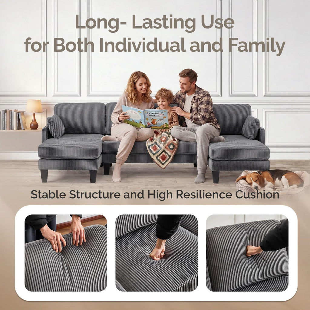VINGLI 108" W U-Shaped Sectional Couches for Living Room, Sturdy Wooden Armrest Corduroy Cloud Couch with Double Chaise, High Support Modern 4-Seat Sectional Sofa for Apartment, Offices, Dark Grey
