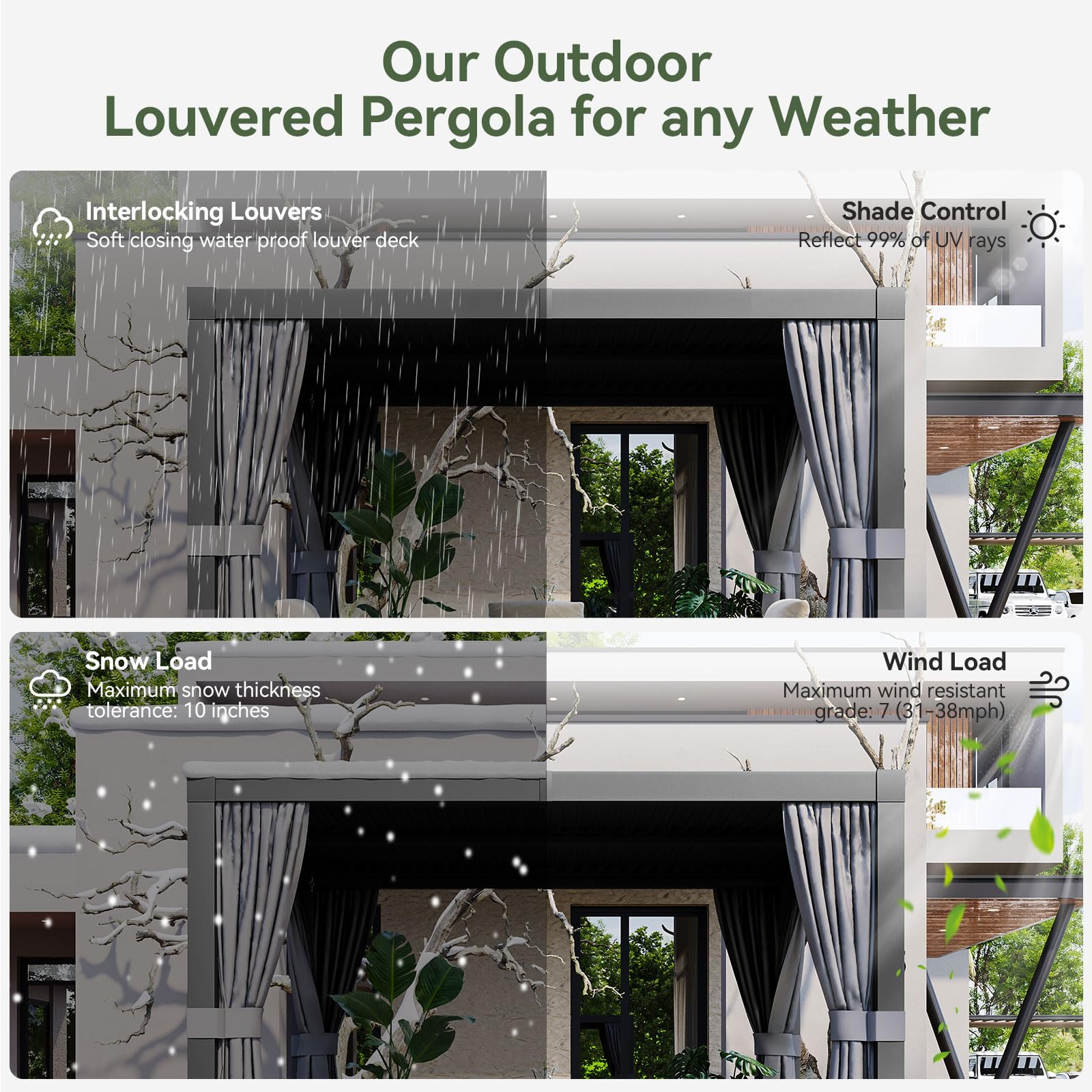 Aoxun Louvered Pergola 10x12 All-Aluminum Outdoor Gazebo with Independent Adjustable Roofs, Waterproof Curtains and Netting, Integrated Drainage System for Patios & Backyard