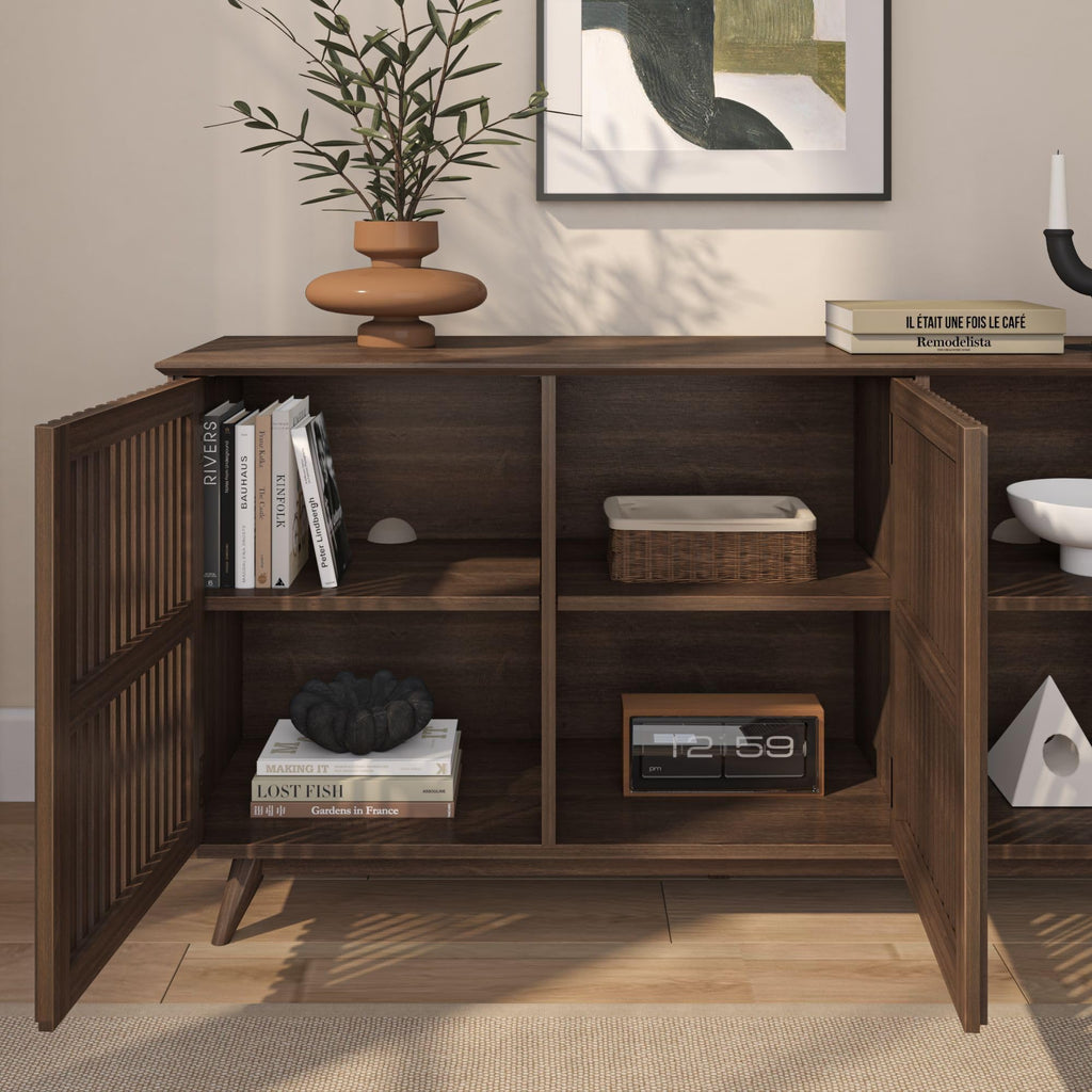 Plank+Beam Mid-Century Modern Wood TV Stand, Three Door Solid Wood Entertainment Console with Storage, 59" L x 16" W x 30" H, Walnut
