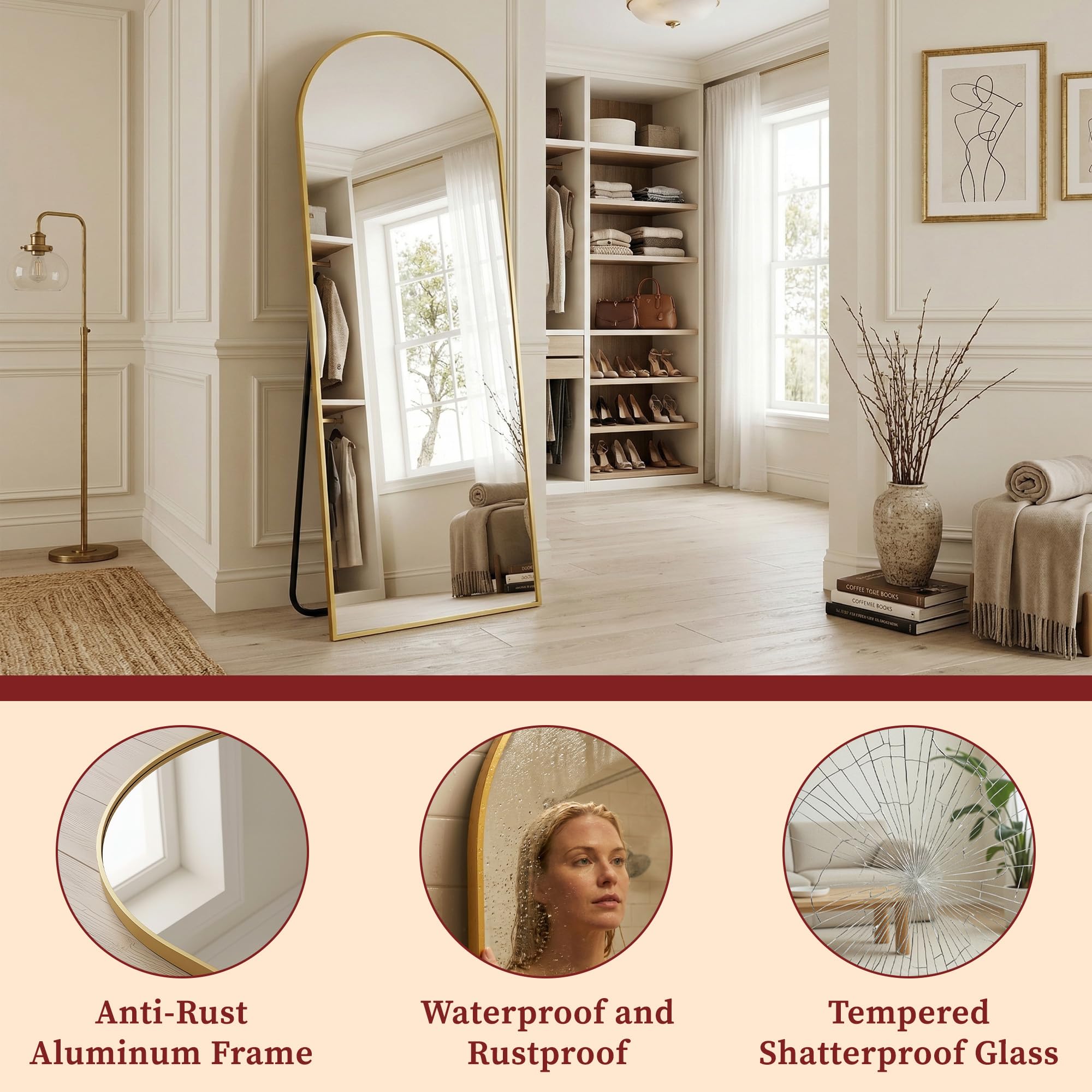 Suidia 76"x44" Arched Full Length Mirror with Stand, Full Body Mirror with Aluminum Frame, Freestanding/Leaning/Wall-Mounted, Floor Mirrors for Bedroom, Living Room, Entryway, Dressing Room, Gold