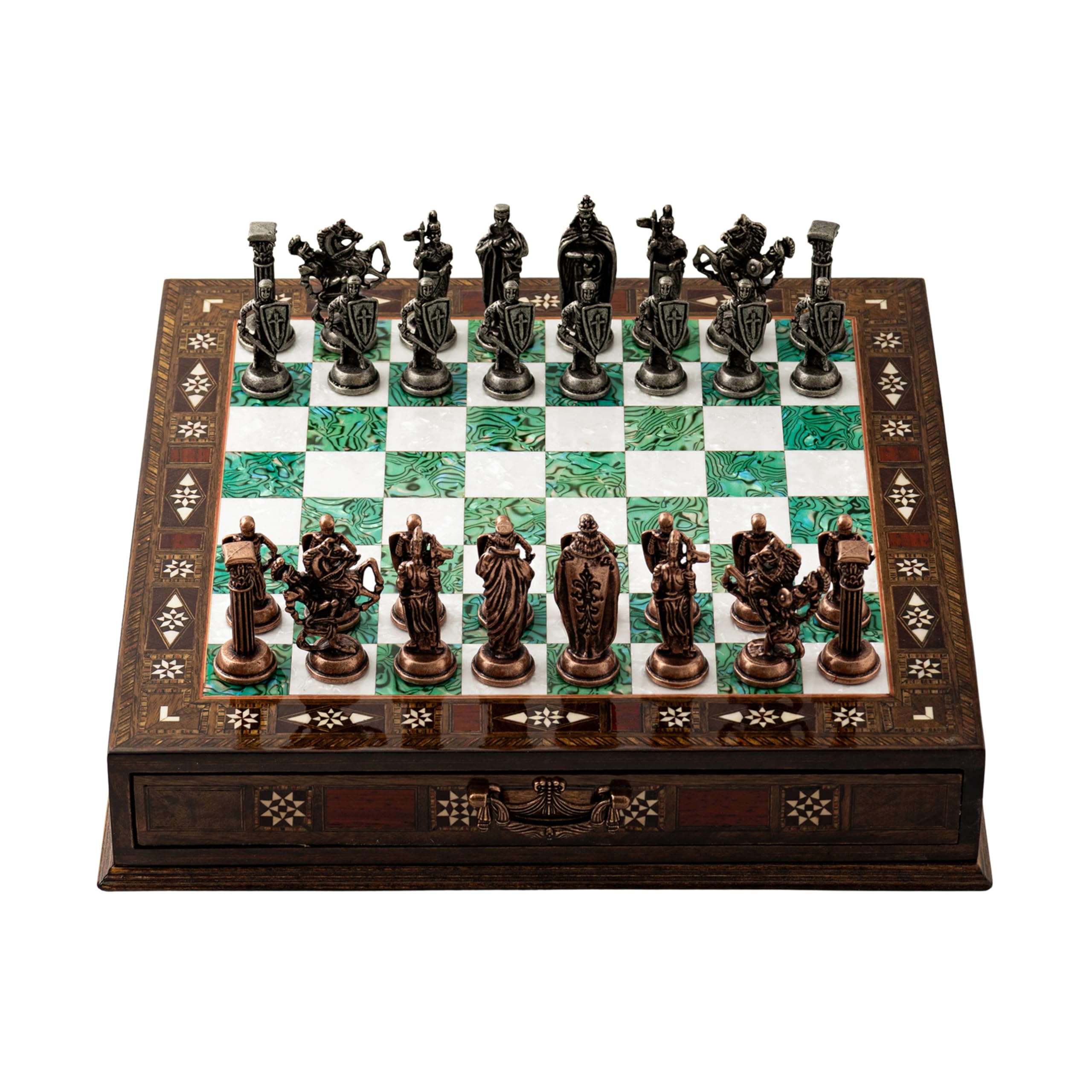 15'' Wooden Chess Set with Metal Chess Pieces – Handmade Storage Chess Board & British Metal Pieces – Elegant Chess Gift for All Ages – Gift for Him (Green)