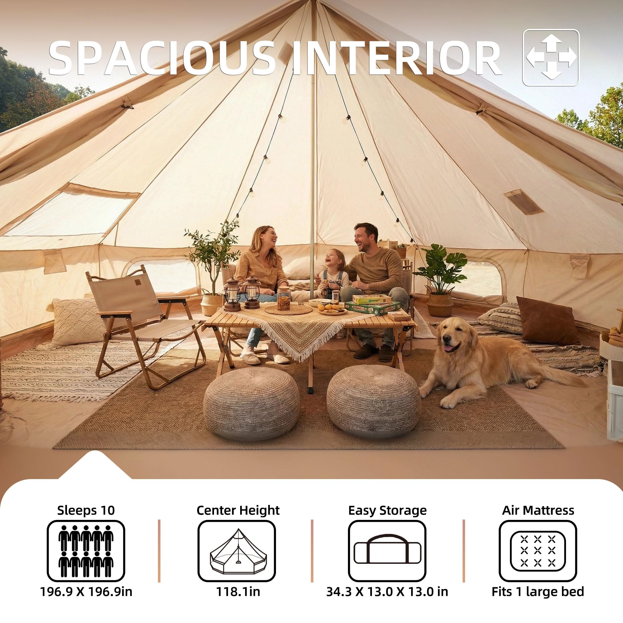 KEIKI 4 Season Canvas Bell Tent 16.4 FT Waterproof All Weather Glamping Yurt Tent, Luxury Hot Tent Stove Jack, Breathable Spacious Family Camping Teepee for 8 People Outdoor Hunting Party Event Green