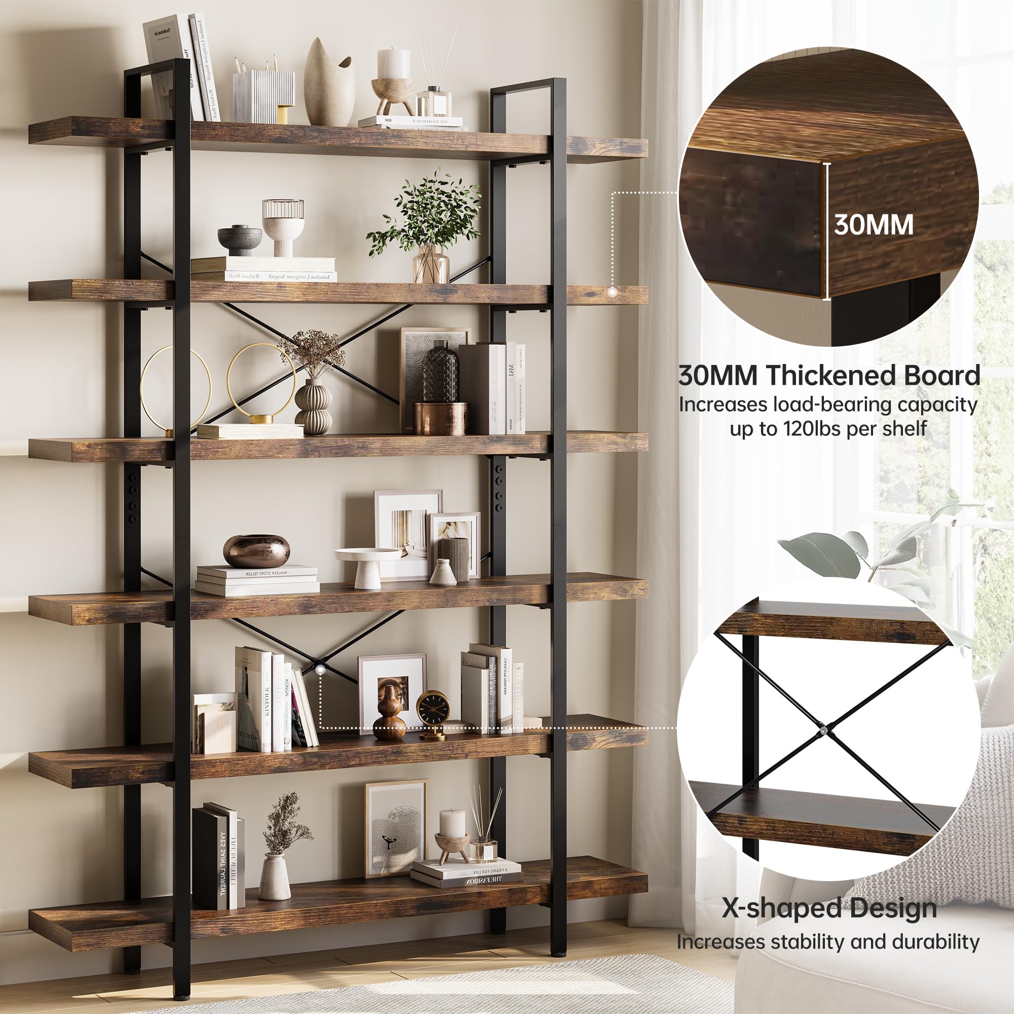 EPLICEMR 6 Tier Bookshelf 2 PCS, 80" H Heavy Duty Bookshelf,120lbs Shelf Capacity, 47" W Wood Industrial Bookshelf, Rustic Open Reinforced Horizontal Shelves for Living Room,Bedroom, Office