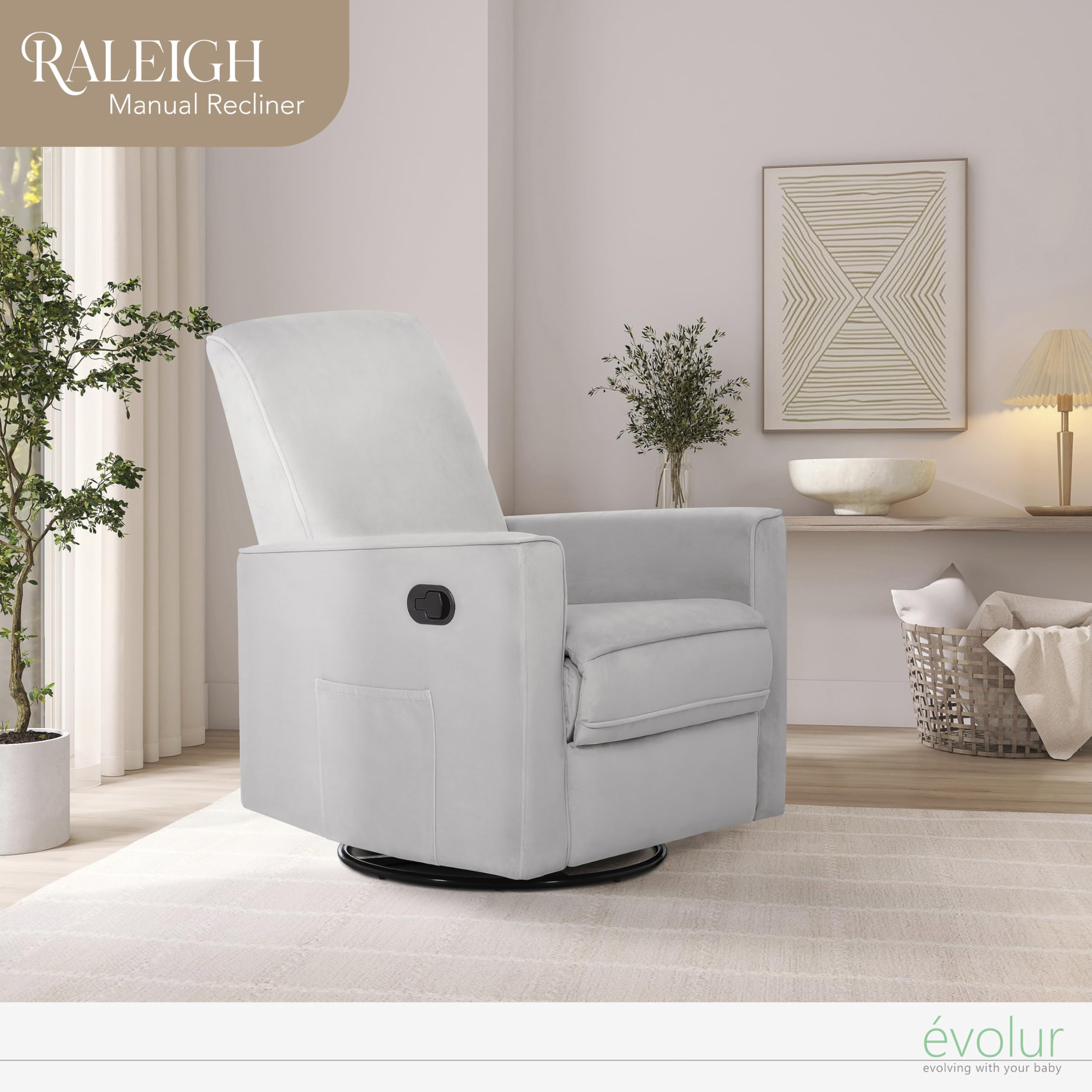 Evolur Raleigh Upholstered Manual Glider Recliner– Rocking & 360° Swivel with Smooth Glide – Greenguard Gold & FSC Certified – Modern Nursery and Living Room Chair in Grey