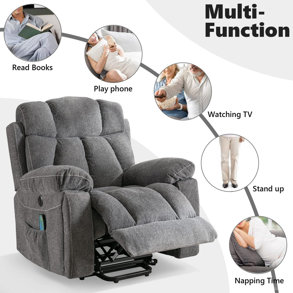 CANMOV Large Power Lift Recliner Chairs with Massage and Heat for Elderly Big People, Heavy Duty Motion Reclining Mechanism-Anti Skid Fabric Recliner Chair with 2 Concealed Cup Holders,Dark Gray