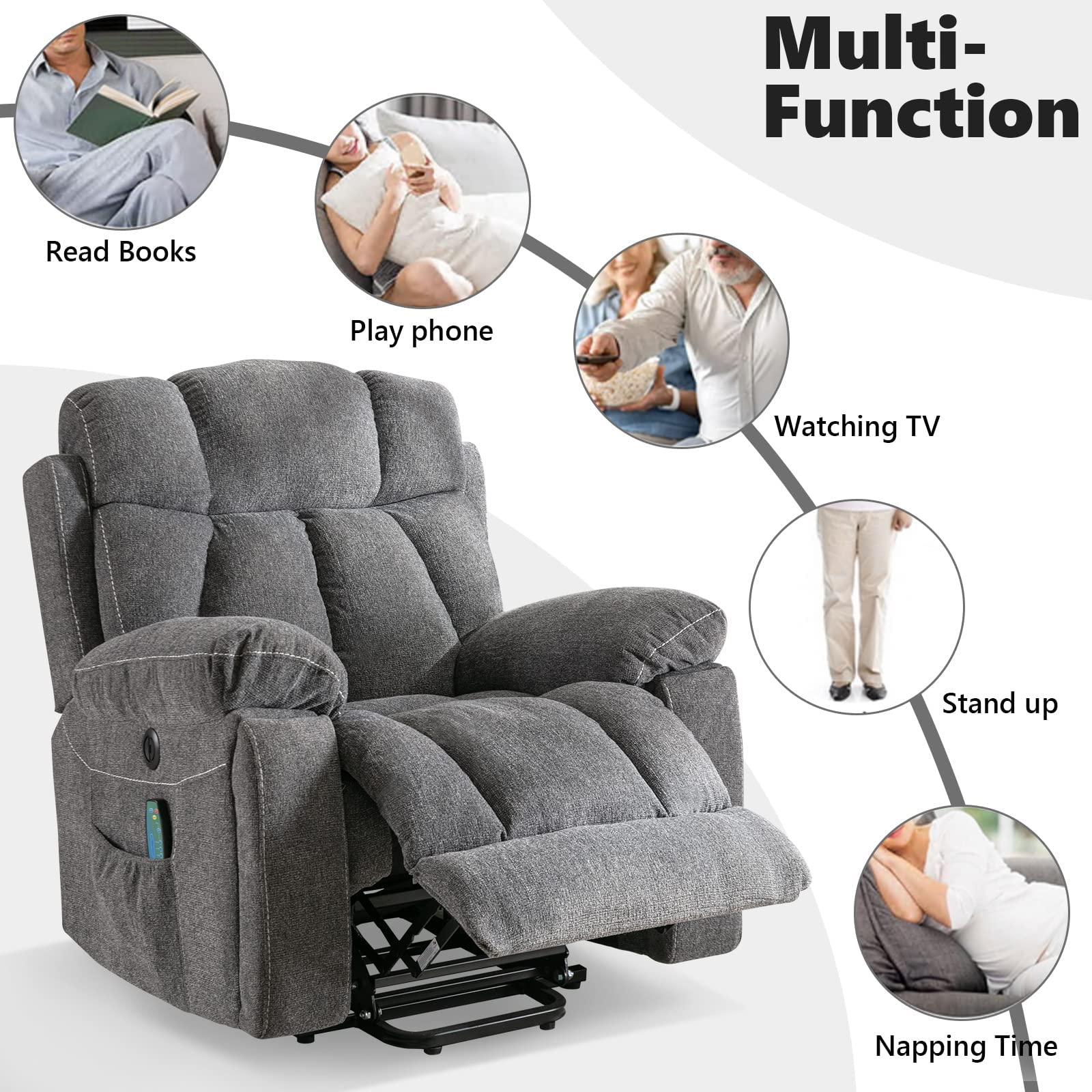 CANMOV Large Power Lift Recliner Chairs with Massage and Heat for Elderly Big People, Heavy Duty Motion Reclining Mechanism-Anti Skid Fabric Recliner Chair with 2 Concealed Cup Holders,Dark Gray